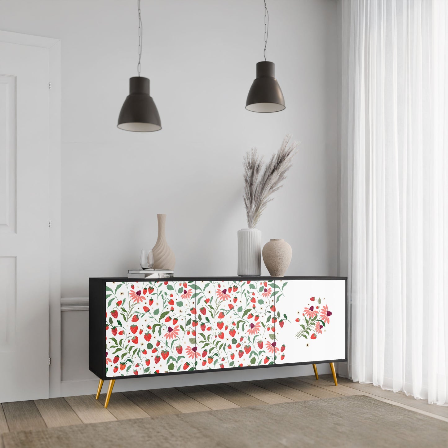 FLOWERS AND STRAWBERRIES 3-Door Sideboard in Black Finish