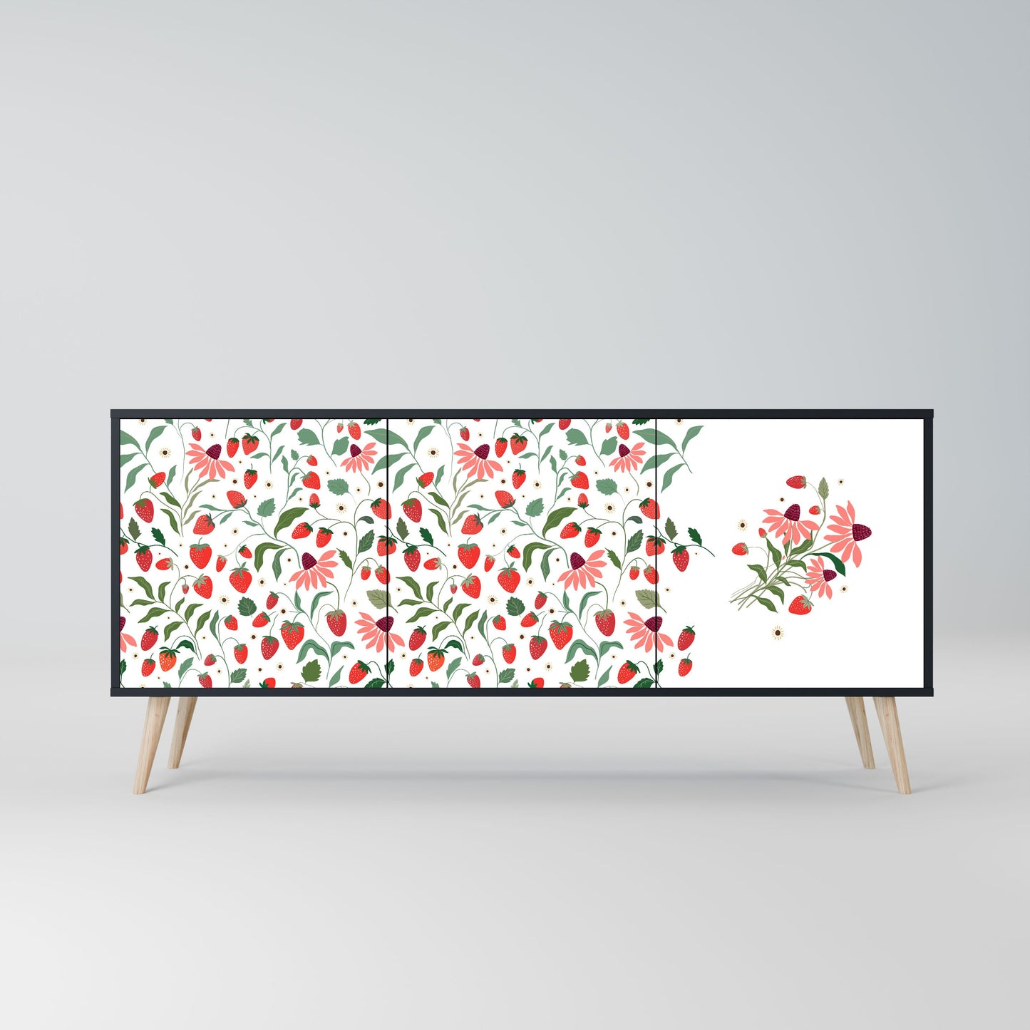 FLOWERS AND STRAWBERRIES 3-Door Sideboard in Black Finish