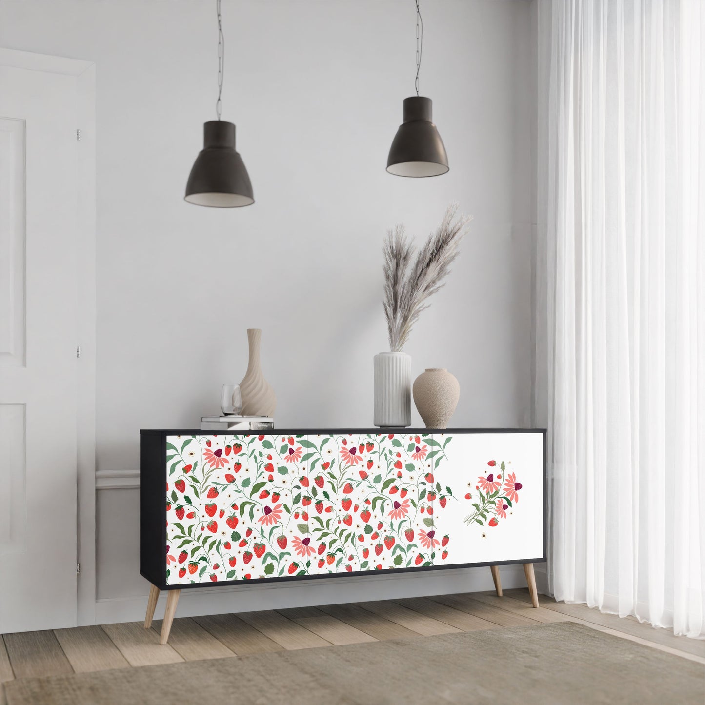 FLOWERS AND STRAWBERRIES 3-Door Sideboard in Black Finish