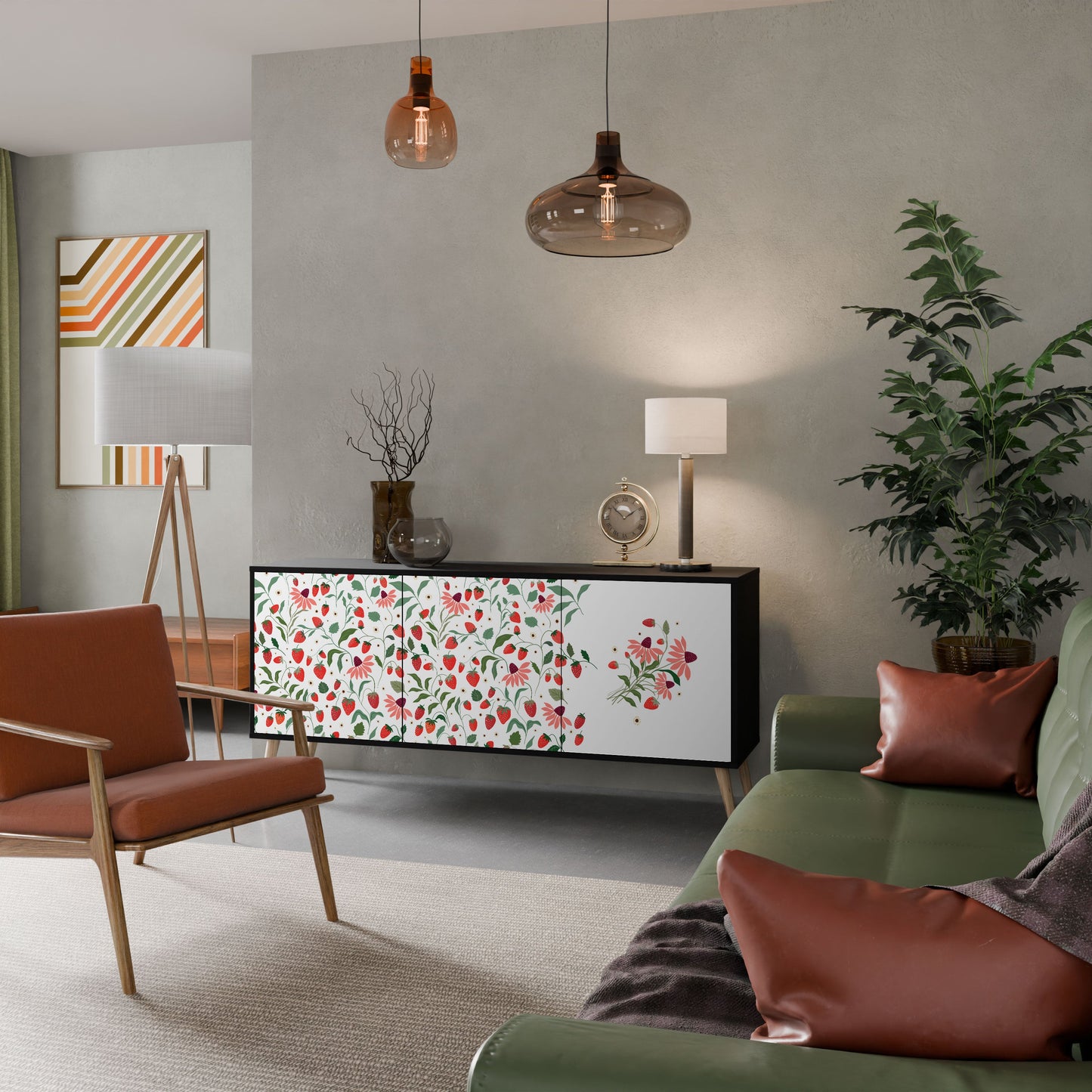 FLOWERS AND STRAWBERRIES 3-Door Sideboard in Black Finish