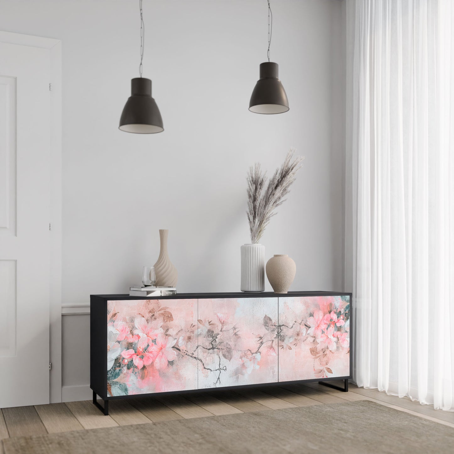 CHERRY BLOSSOM 3-Door Sideboard in Black Finish