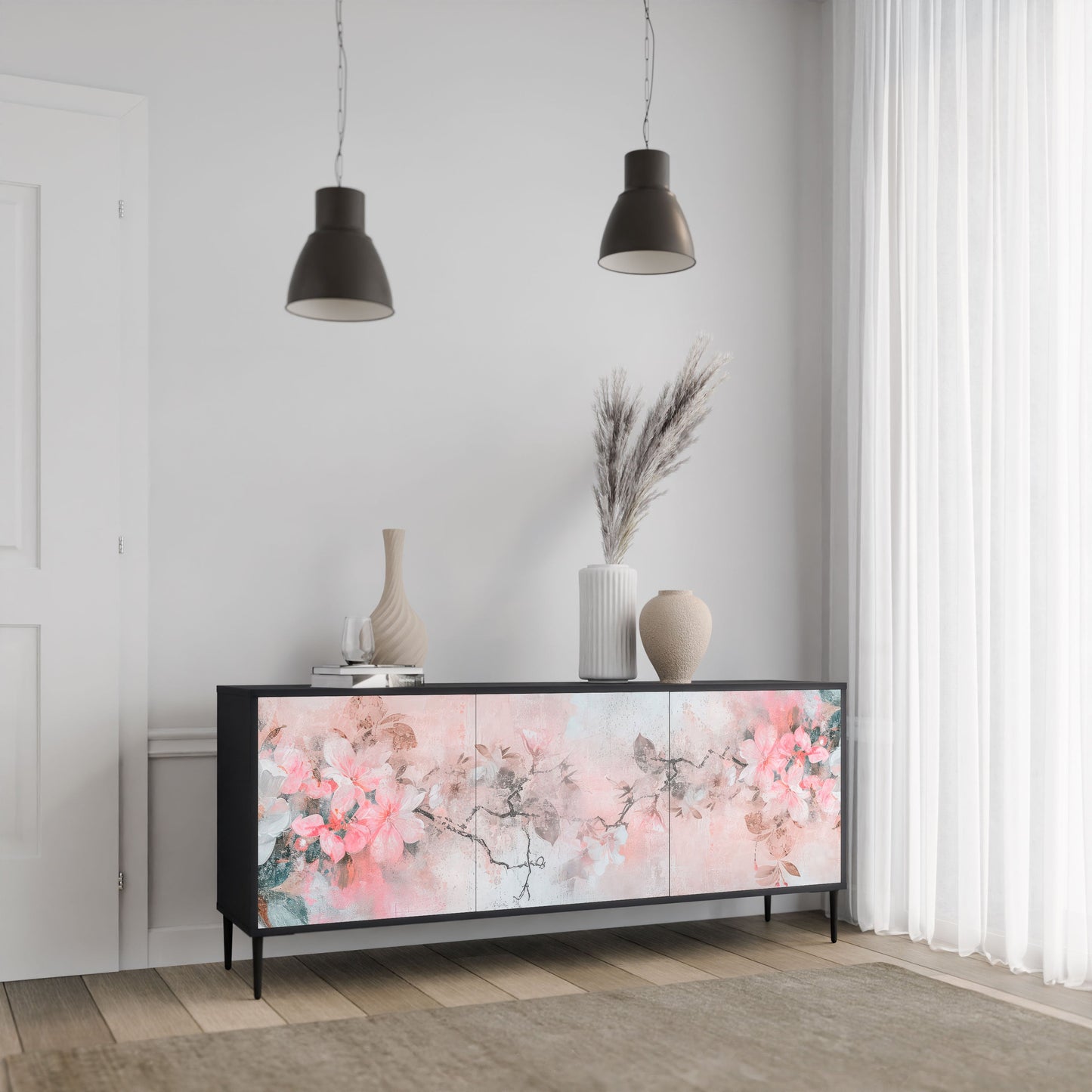 CHERRY BLOSSOM 3-Door Sideboard in Black Finish