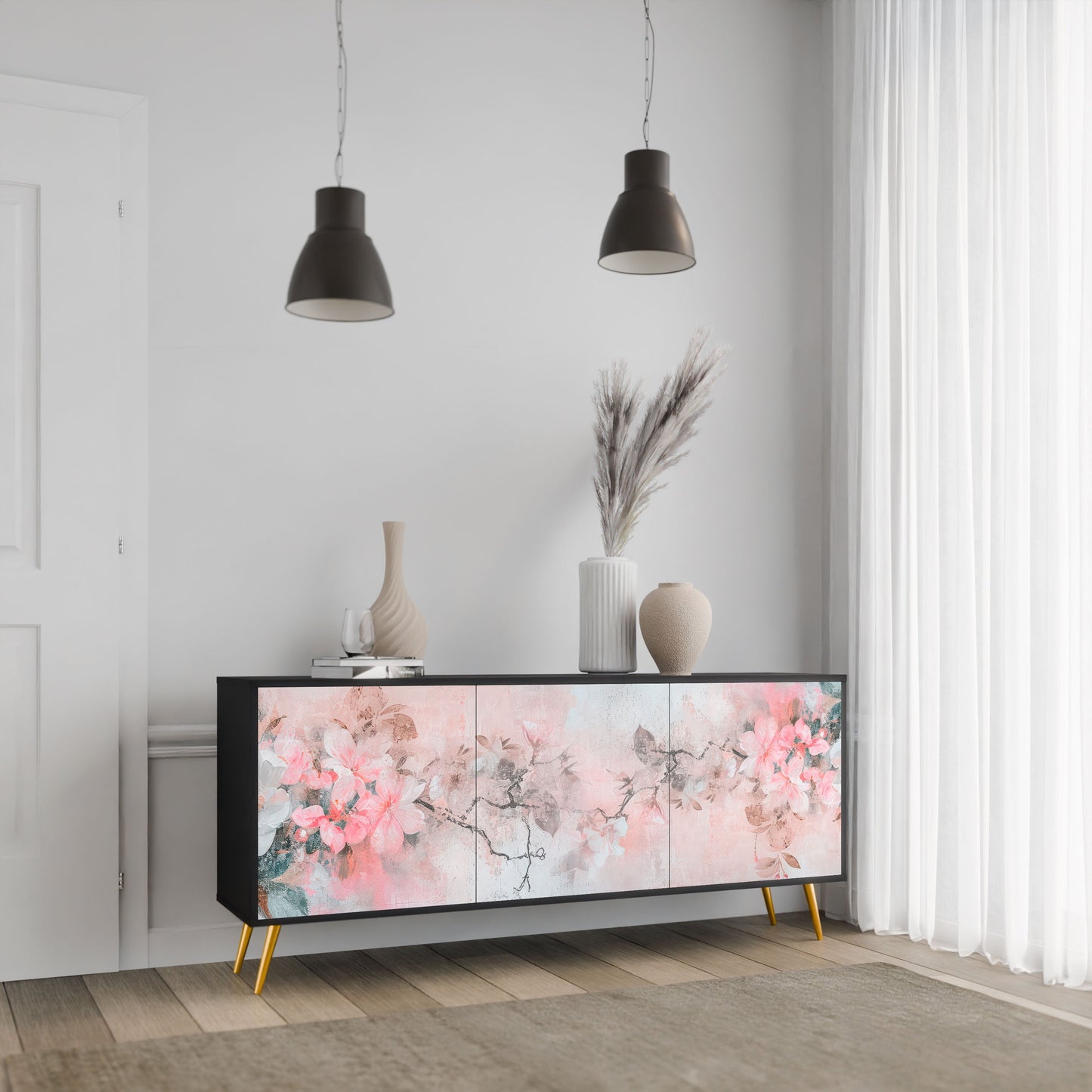 CHERRY BLOSSOM 3-Door Sideboard in Black Finish
