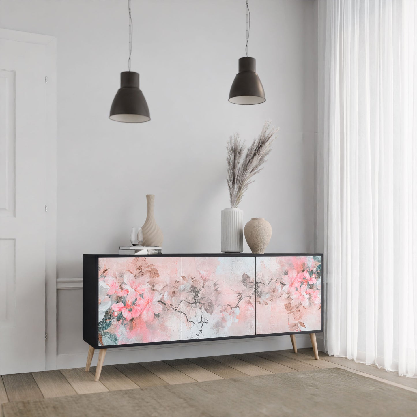 CHERRY BLOSSOM 3-Door Sideboard in Black Finish