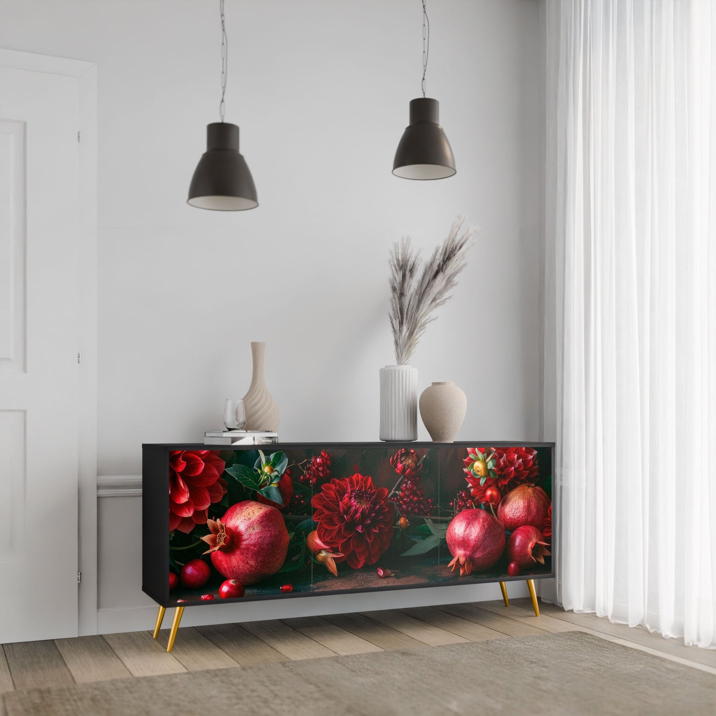 Credenza a 3 ante DAHLIAS AND POMEGRANATES in finitura nera