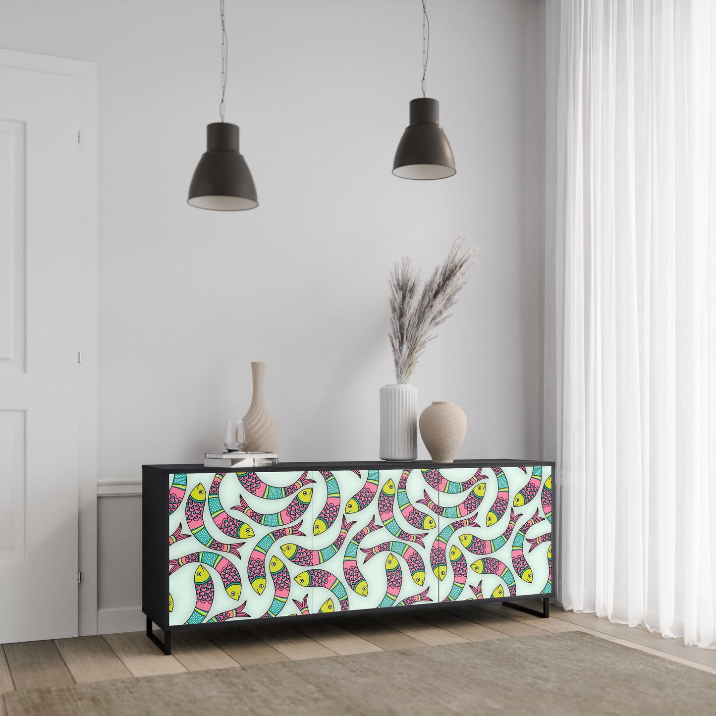 INDIAN FISH 3-Door Sideboard in Black Finish