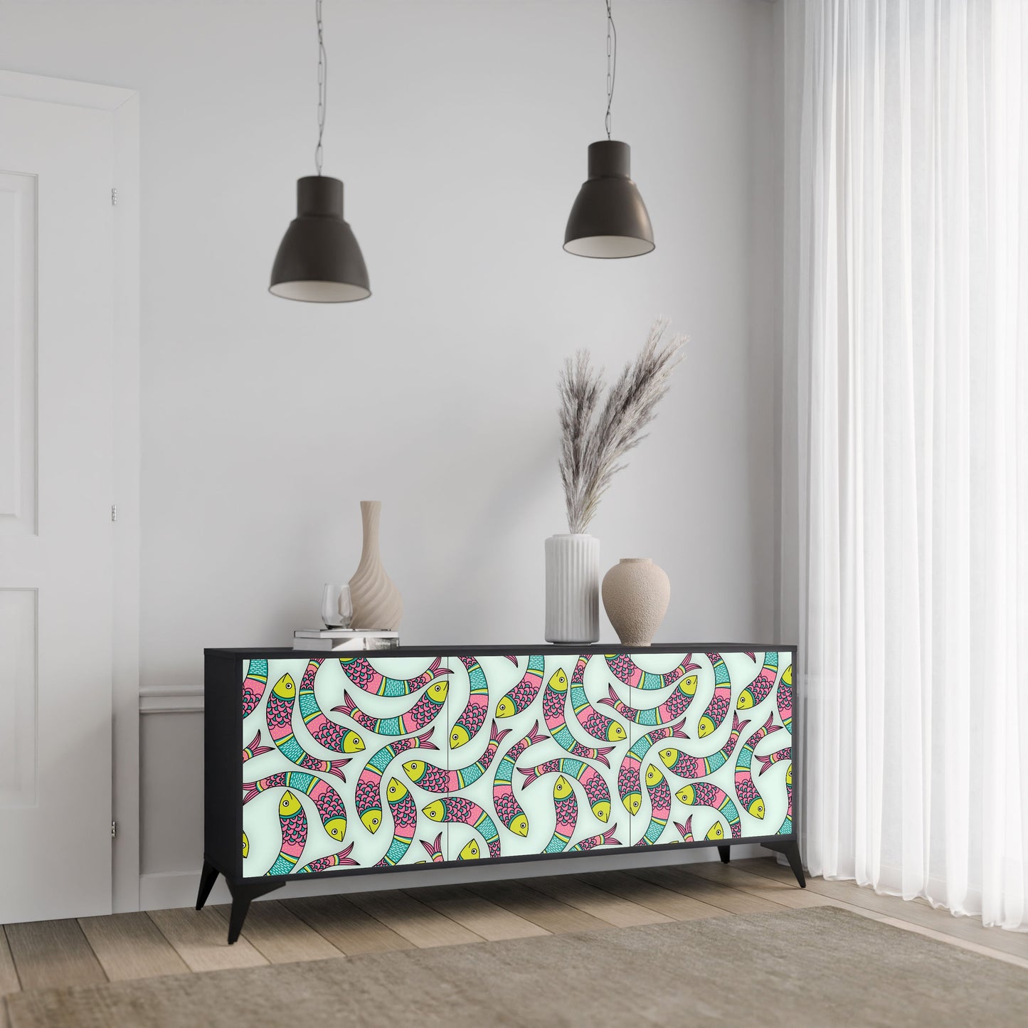 INDIAN FISH 3-Door Sideboard in Black Finish
