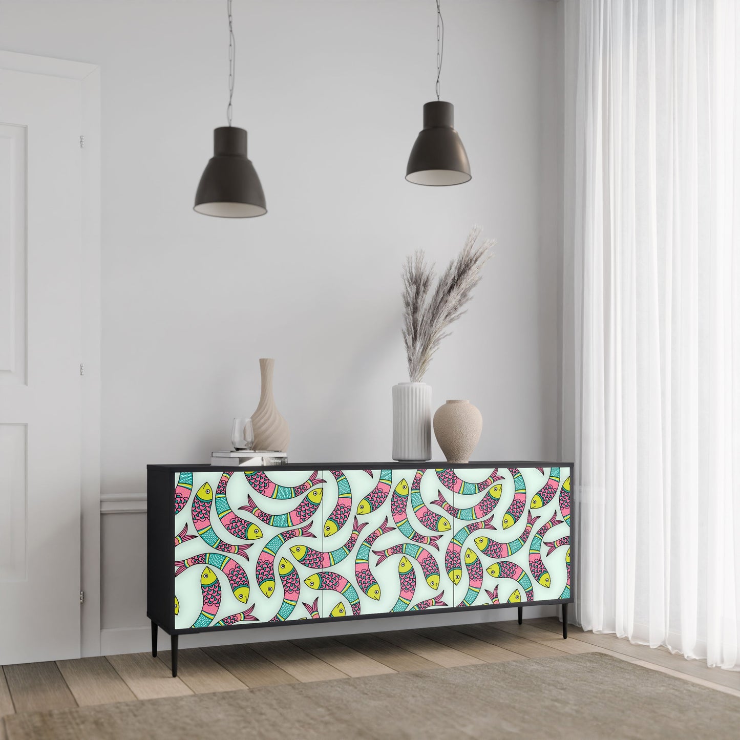 INDIAN FISH 3-Door Sideboard in Black Finish
