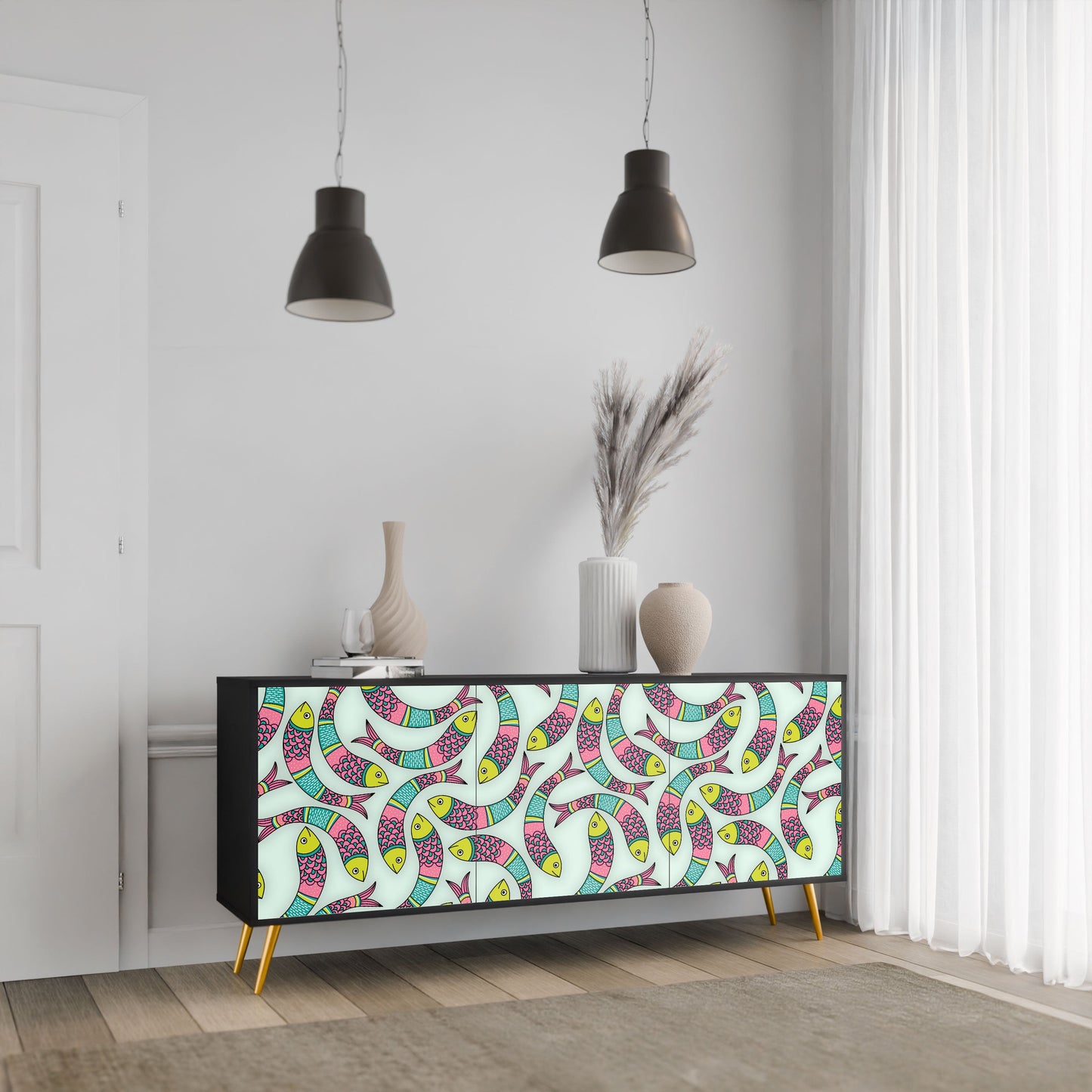 INDIAN FISH 3-Door Sideboard in Black Finish