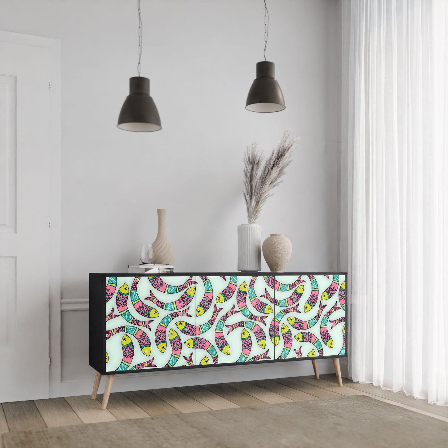INDIAN FISH 3-Door Sideboard in Black Finish