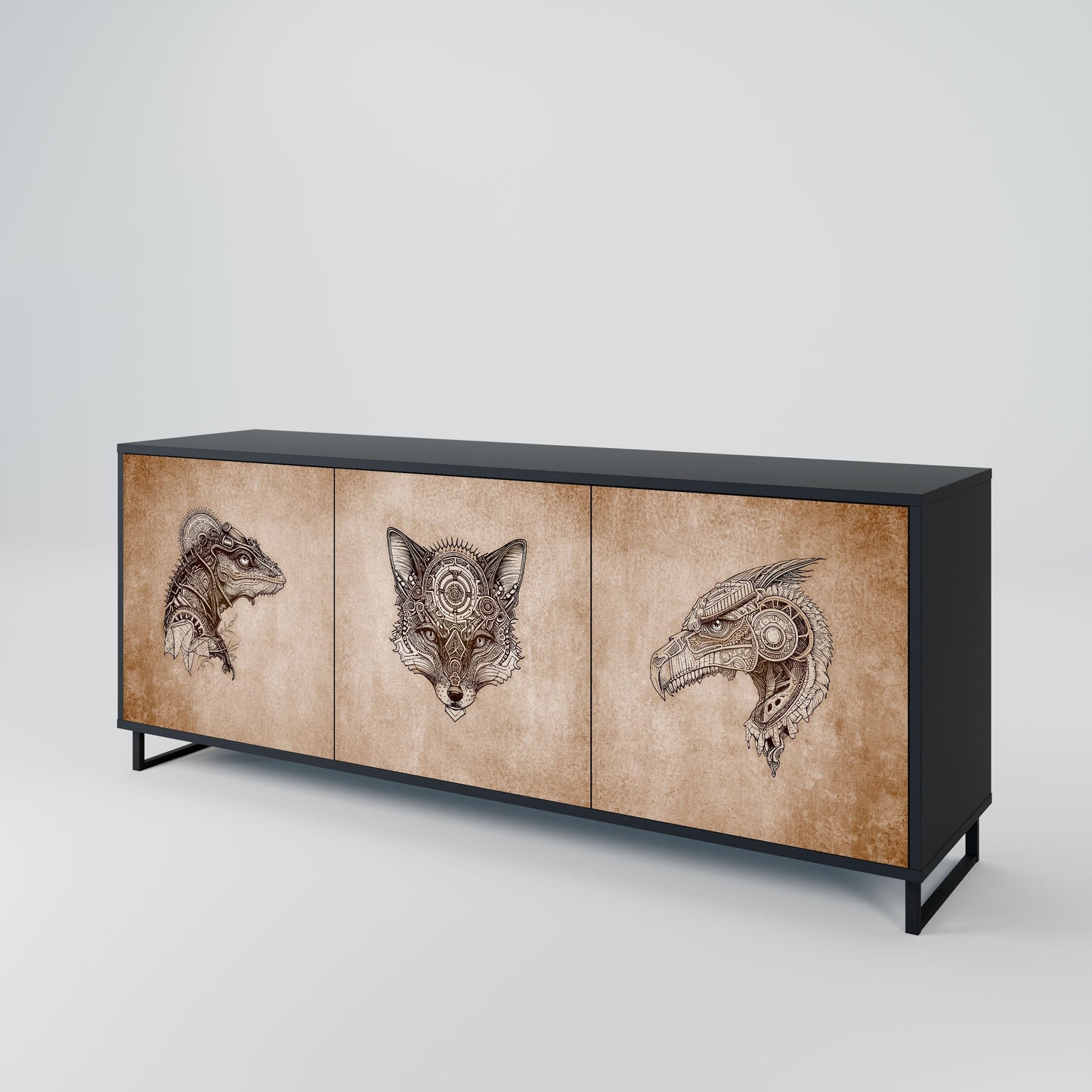 STEAMPUNK CLAN 3-Door Sideboard in Black Finish