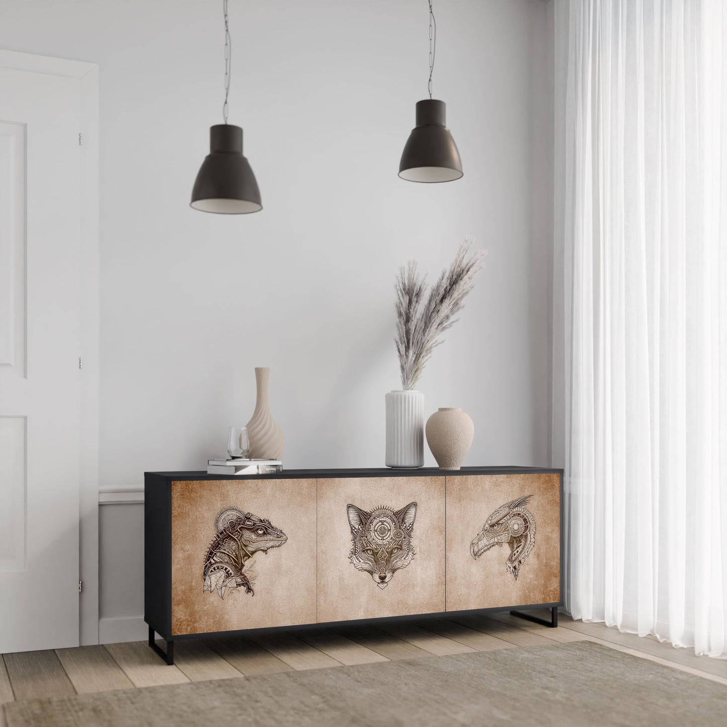 STEAMPUNK CLAN 3-Door Sideboard in Black Finish