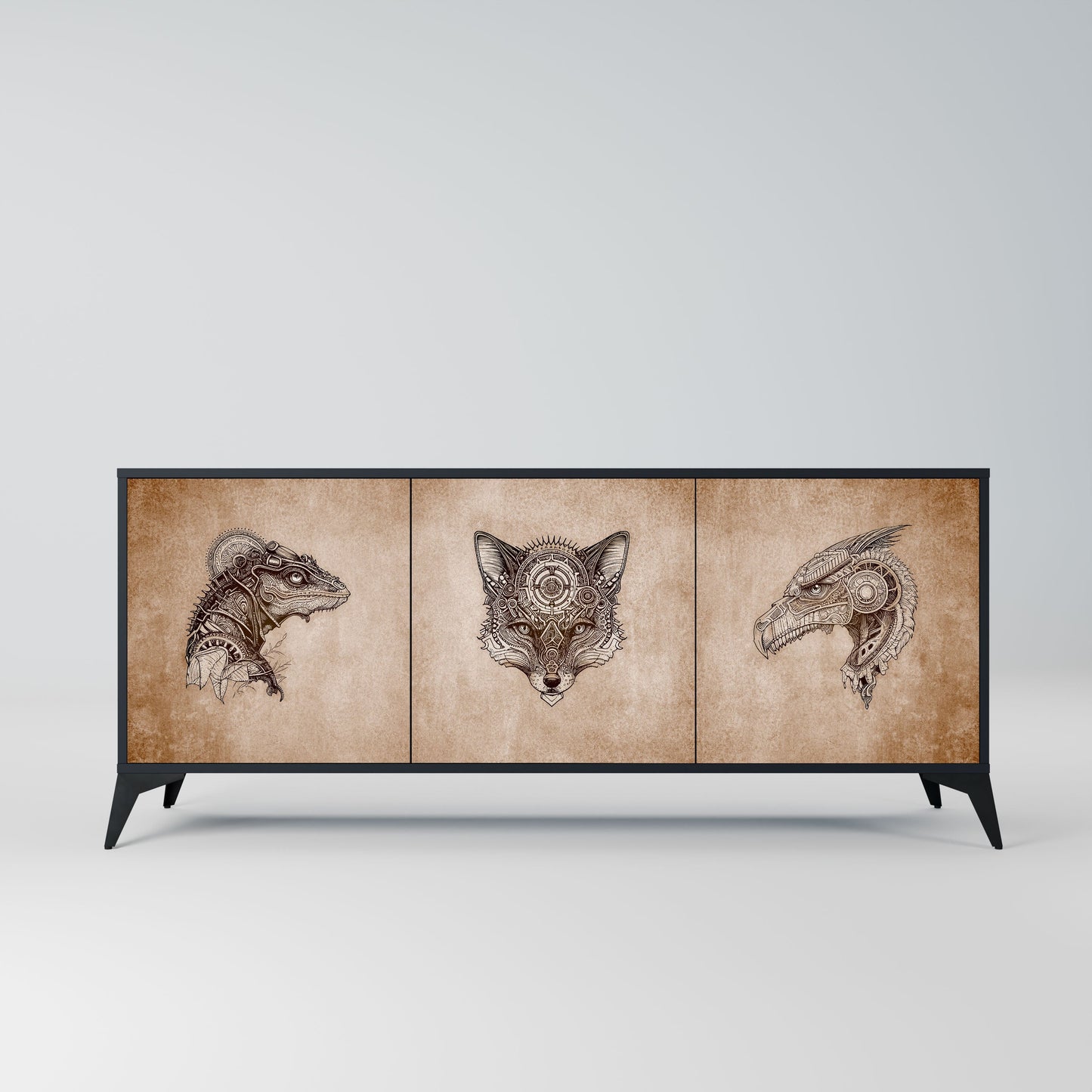 STEAMPUNK CLAN 3-Door Sideboard in Black Finish