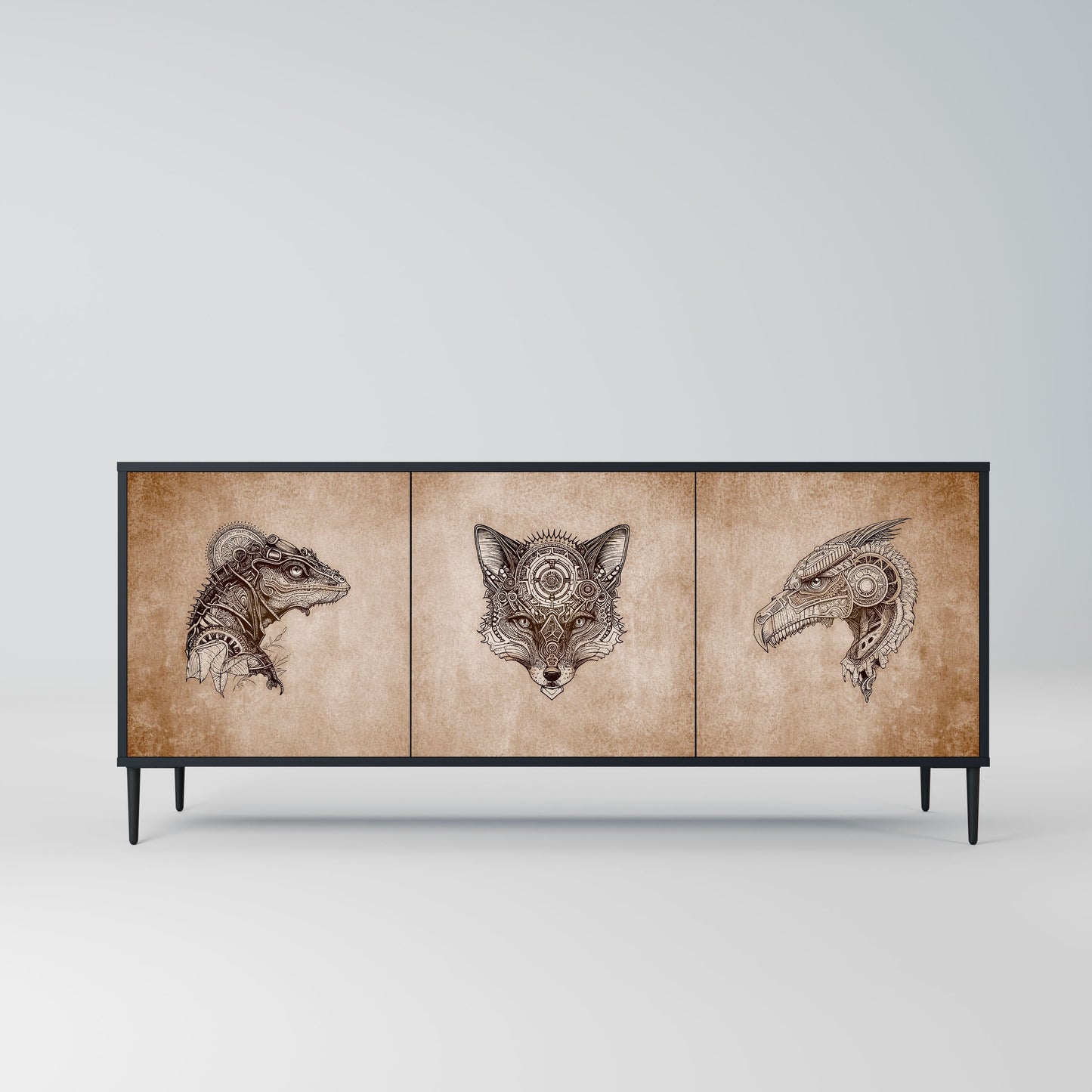 STEAMPUNK CLAN 3-Door Sideboard in Black Finish