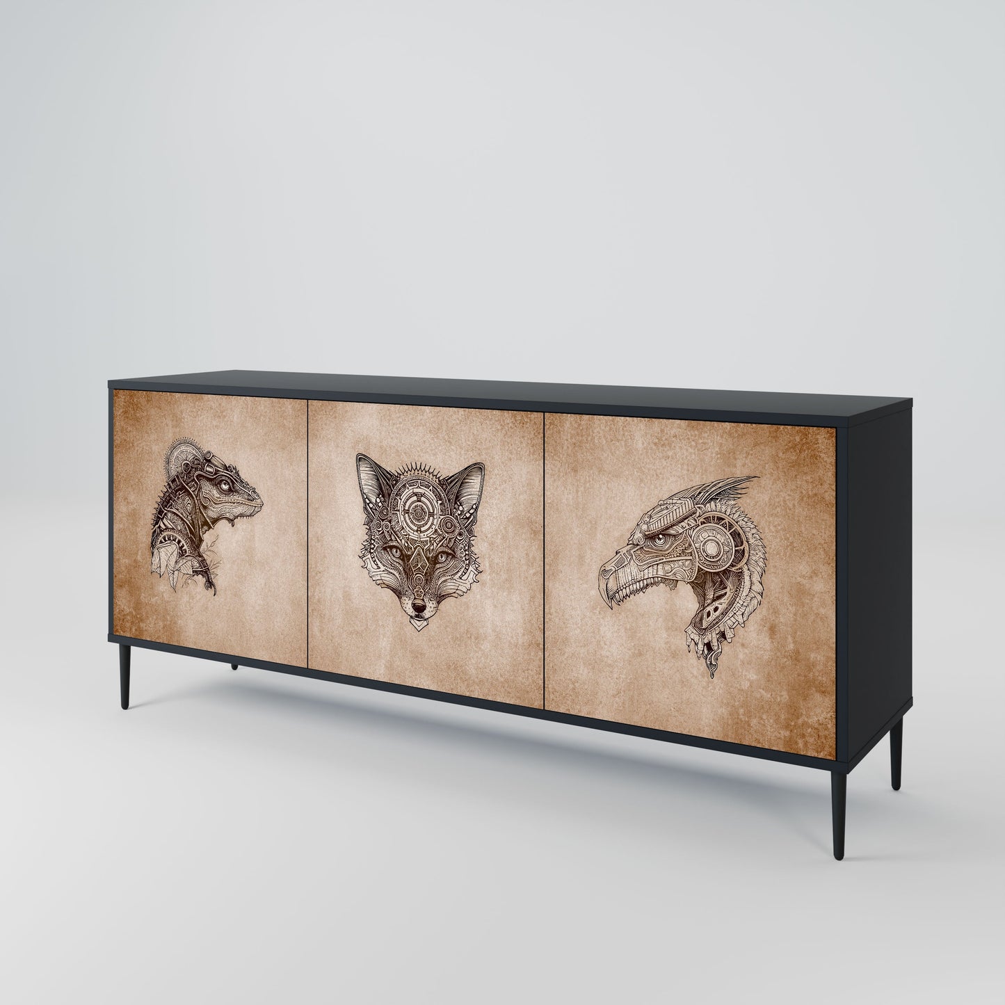STEAMPUNK CLAN 3-Door Sideboard in Black Finish