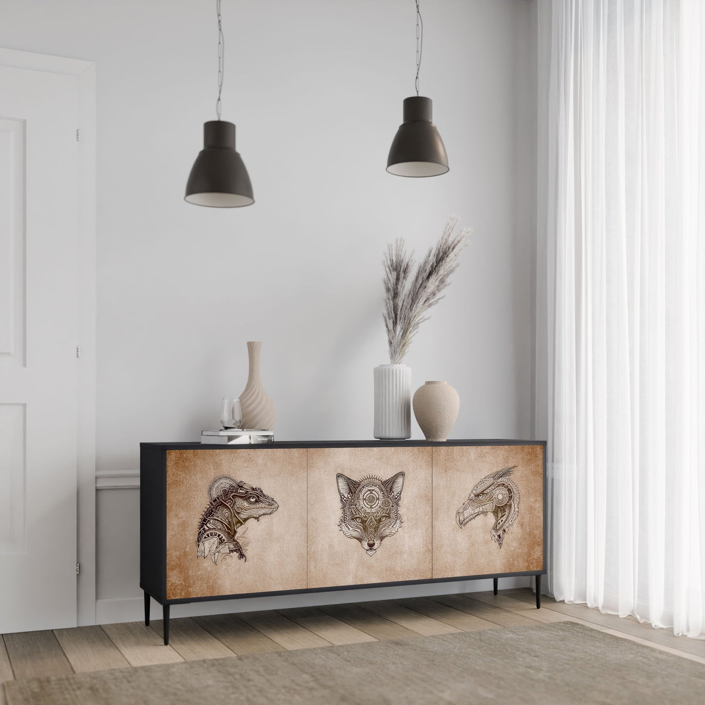 STEAMPUNK CLAN 3-Door Sideboard in Black Finish