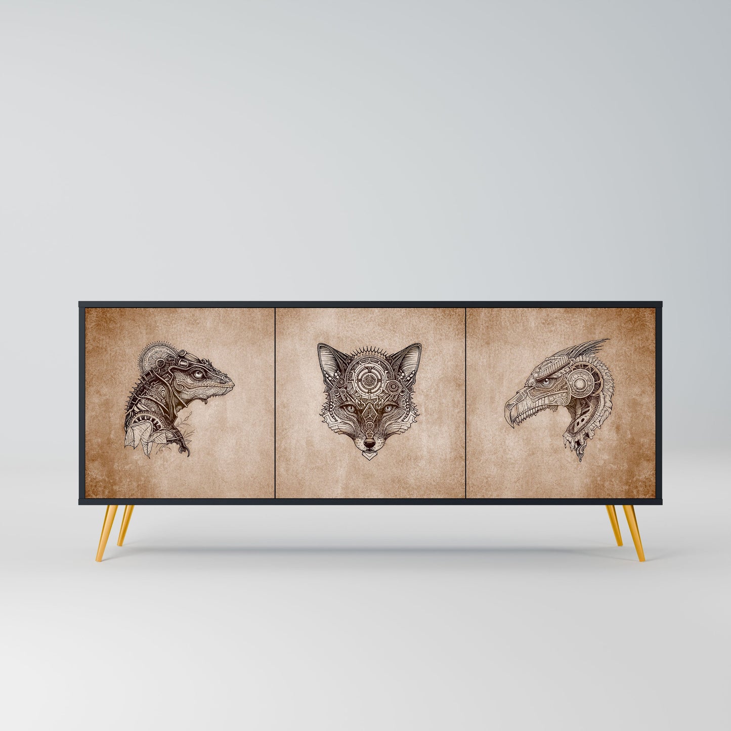 STEAMPUNK CLAN 3-Door Sideboard in Black Finish