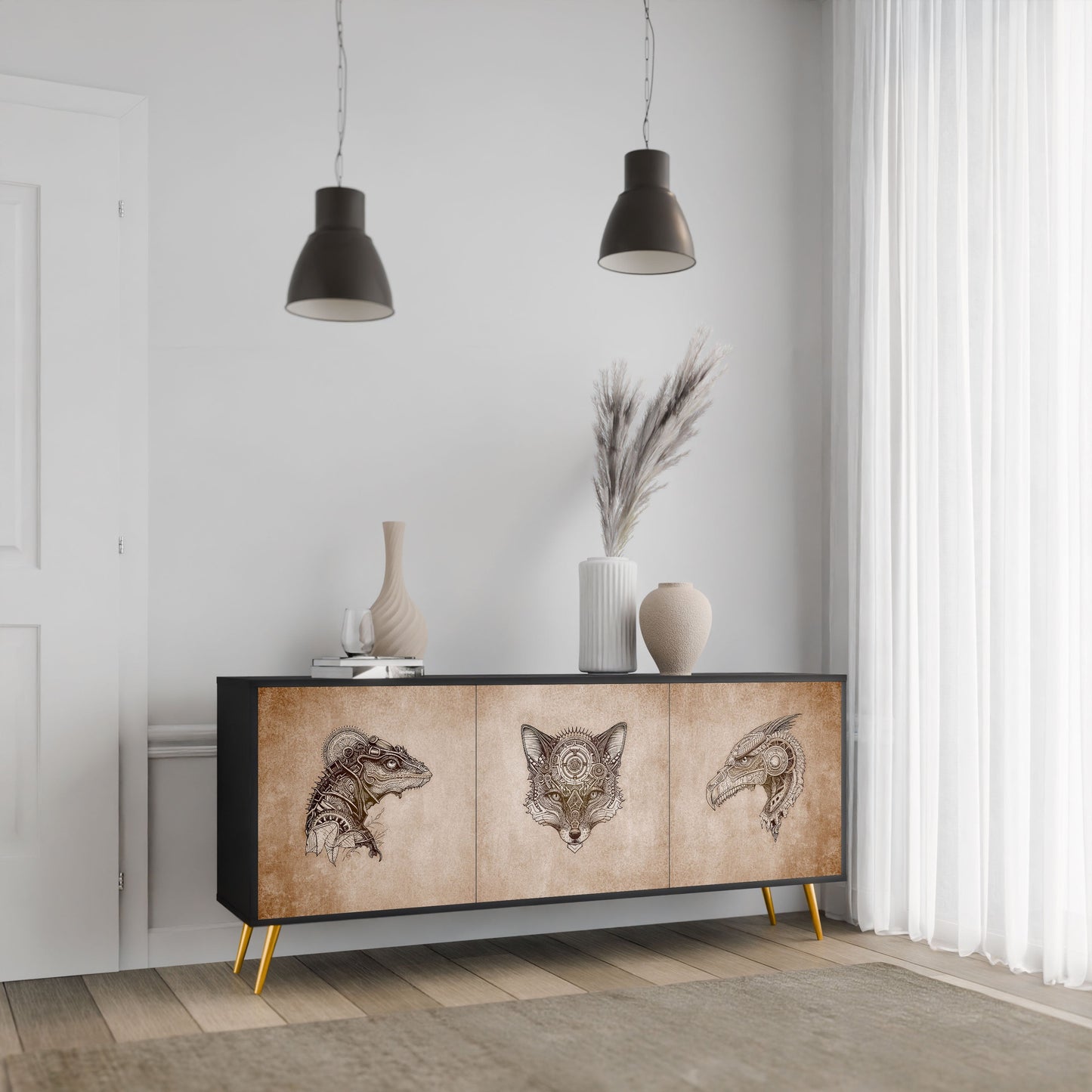 STEAMPUNK CLAN 3-Door Sideboard in Black Finish