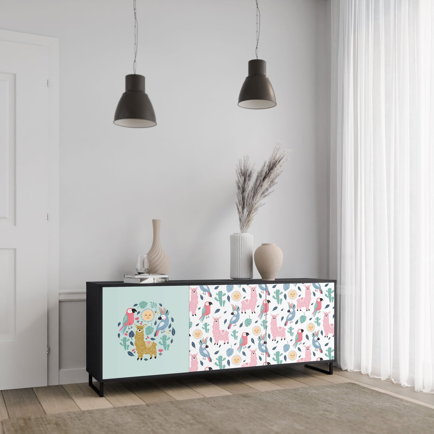COLORFUL ALPACAS 3-Door Sideboard in Black Finish