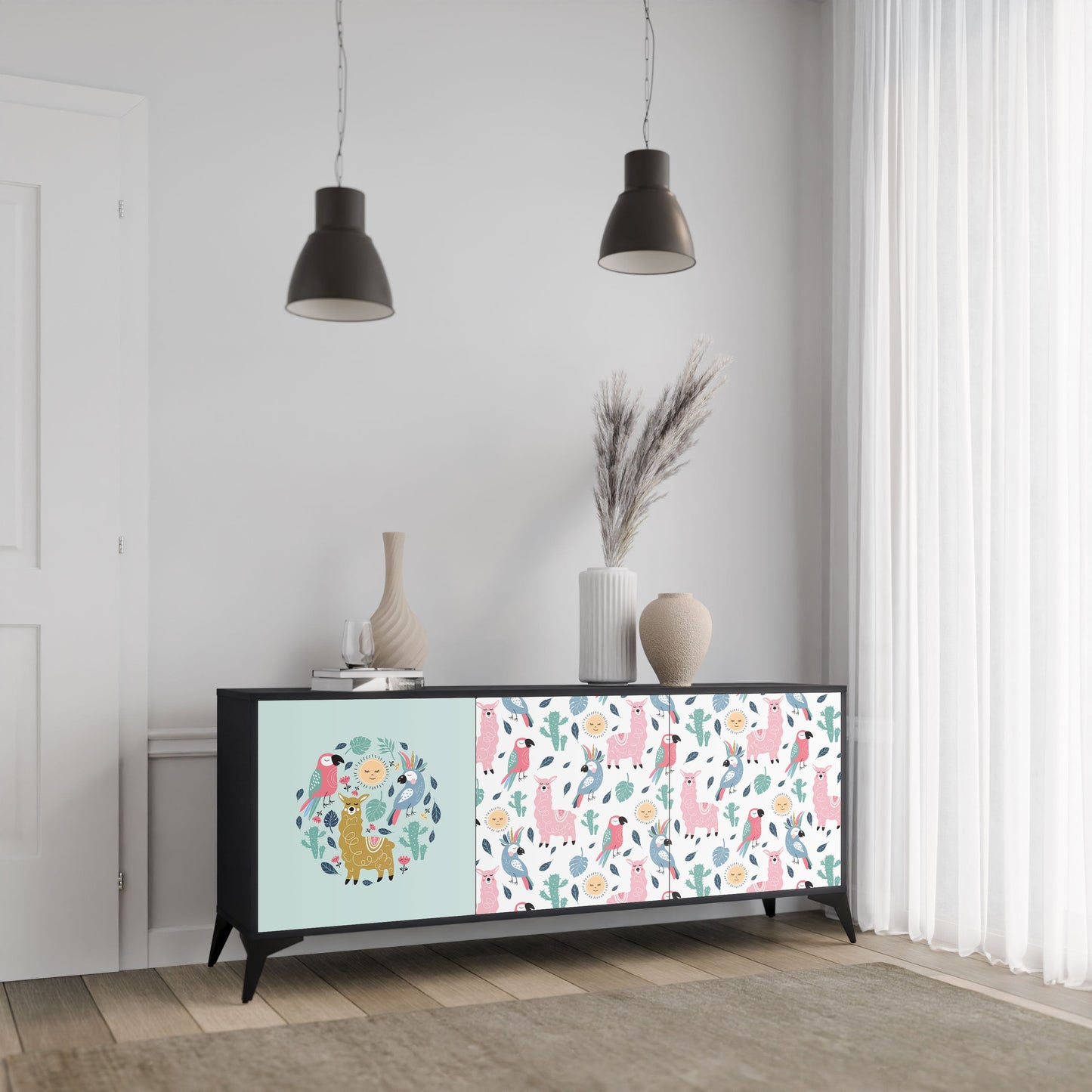 COLORFUL ALPACAS 3-Door Sideboard in Black Finish