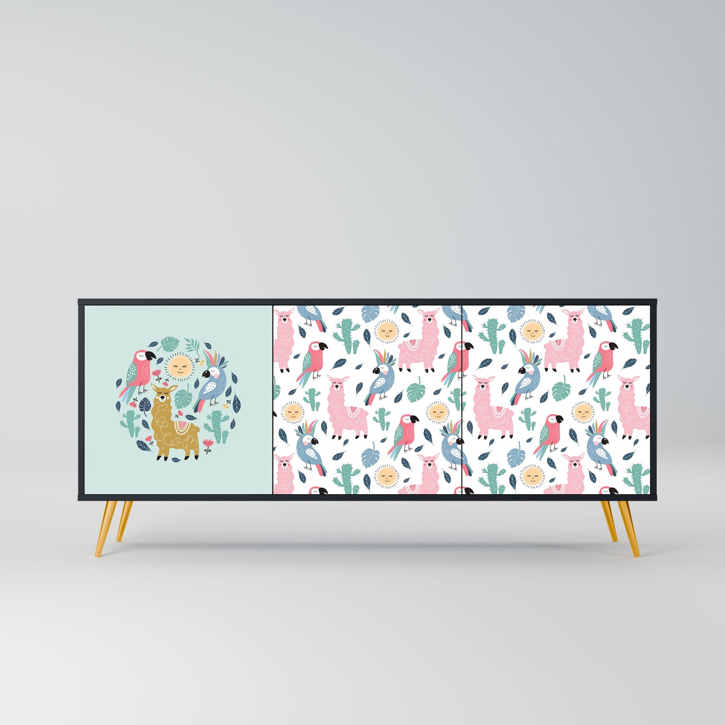 COLORFUL ALPACAS 3-Door Sideboard in Black Finish