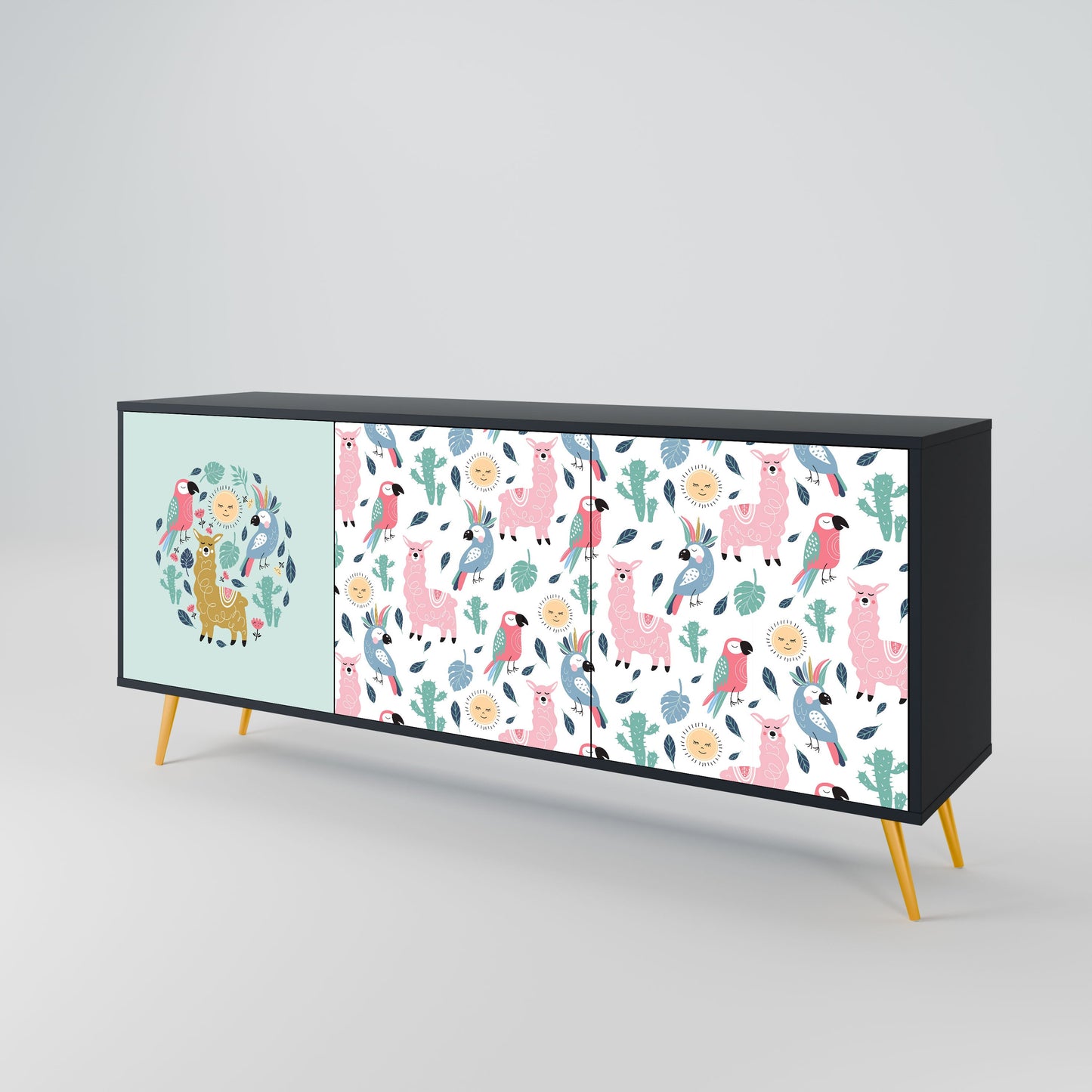 COLORFUL ALPACAS 3-Door Sideboard in Black Finish