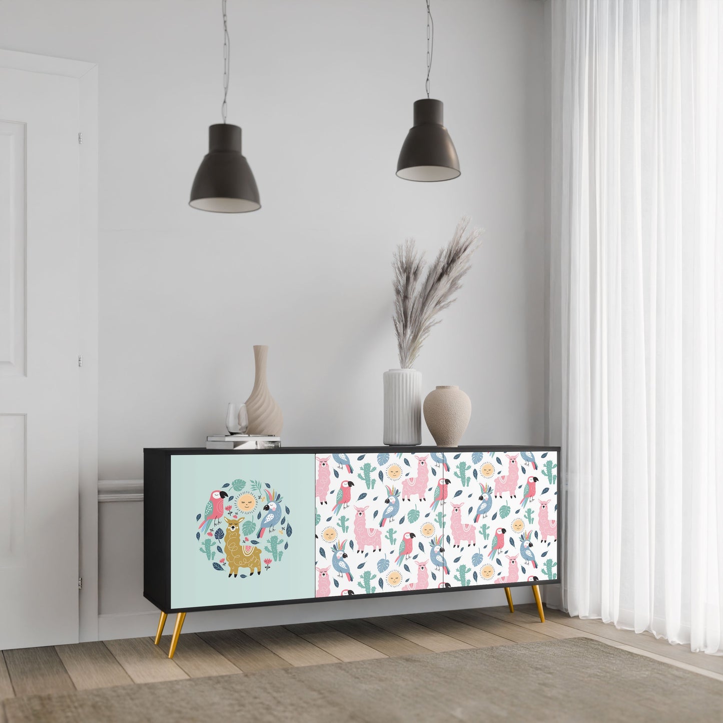 COLORFUL ALPACAS 3-Door Sideboard in Black Finish