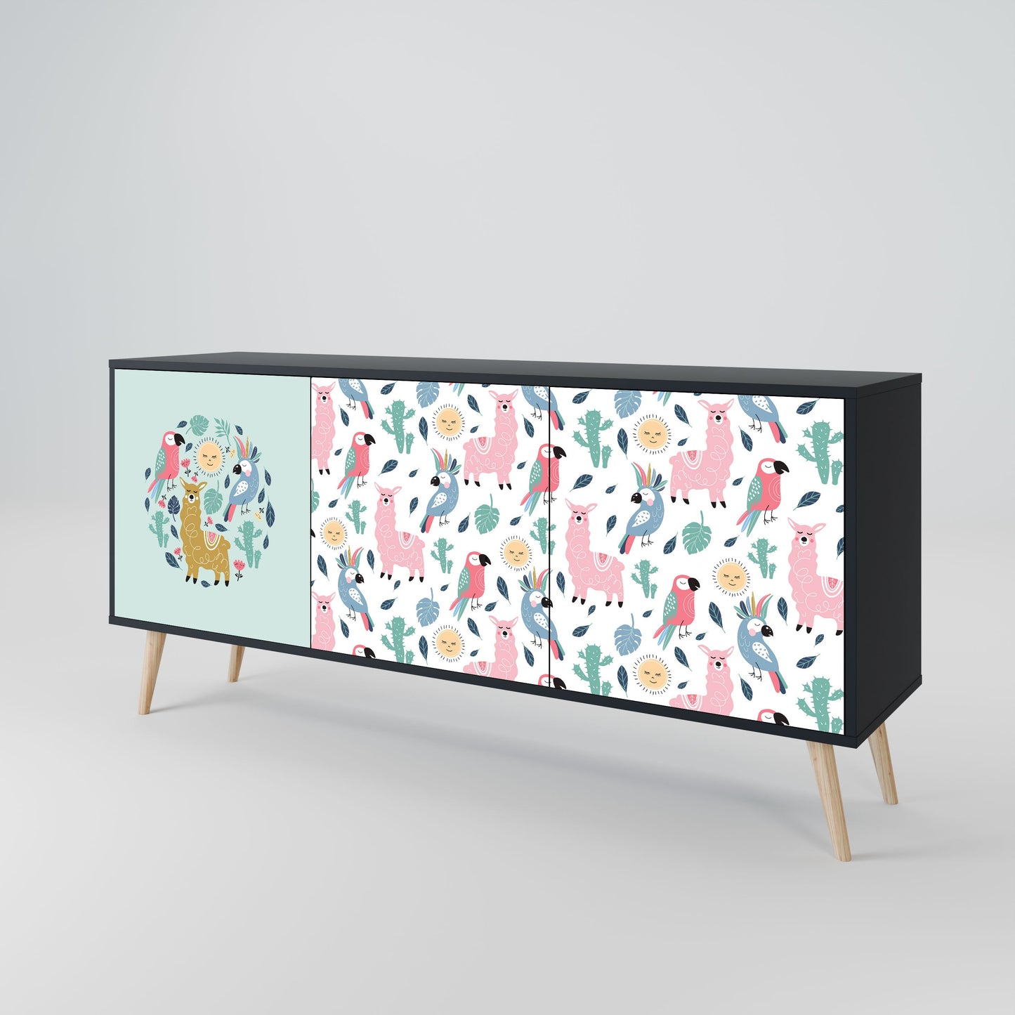 COLORFUL ALPACAS 3-Door Sideboard in Black Finish