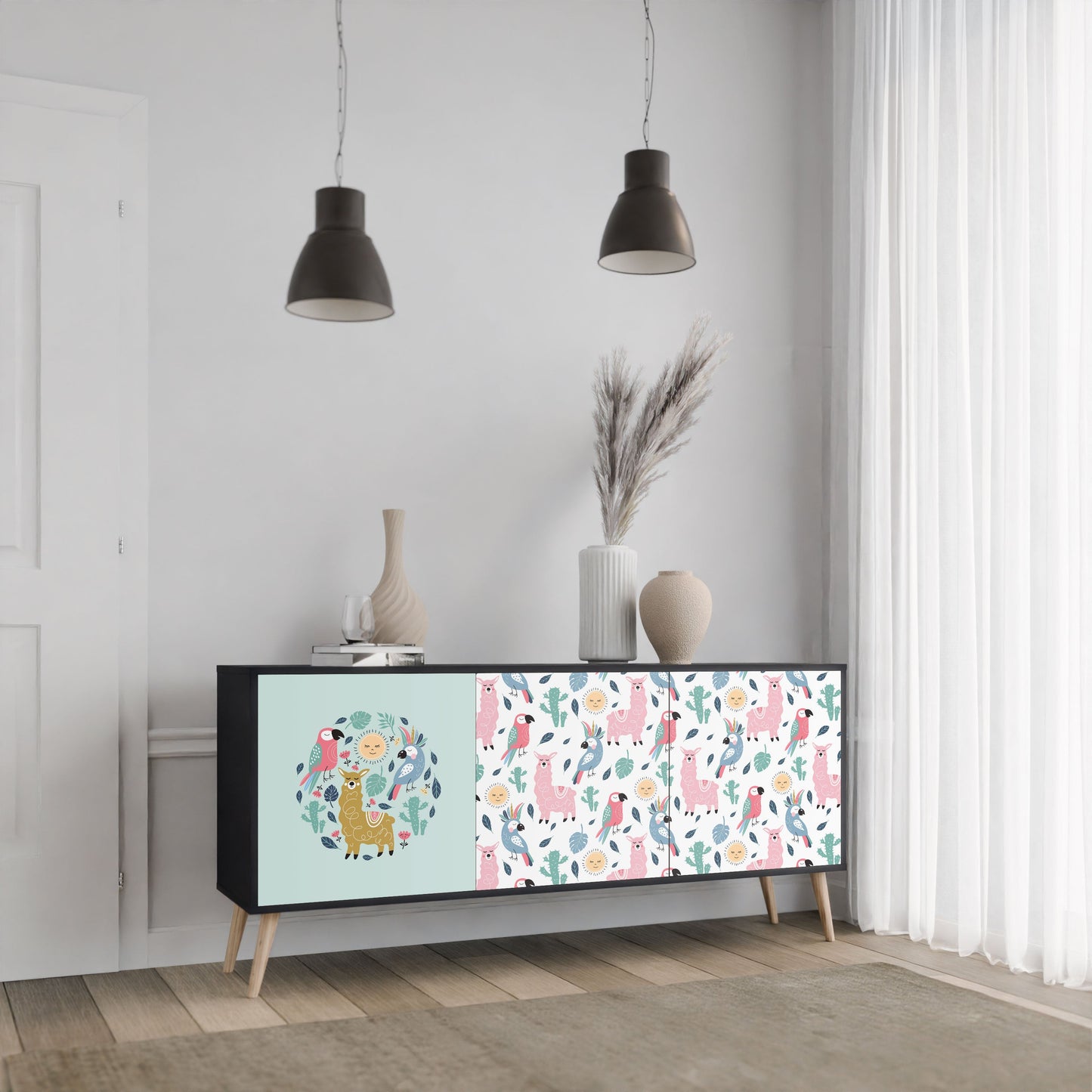 COLORFUL ALPACAS 3-Door Sideboard in Black Finish