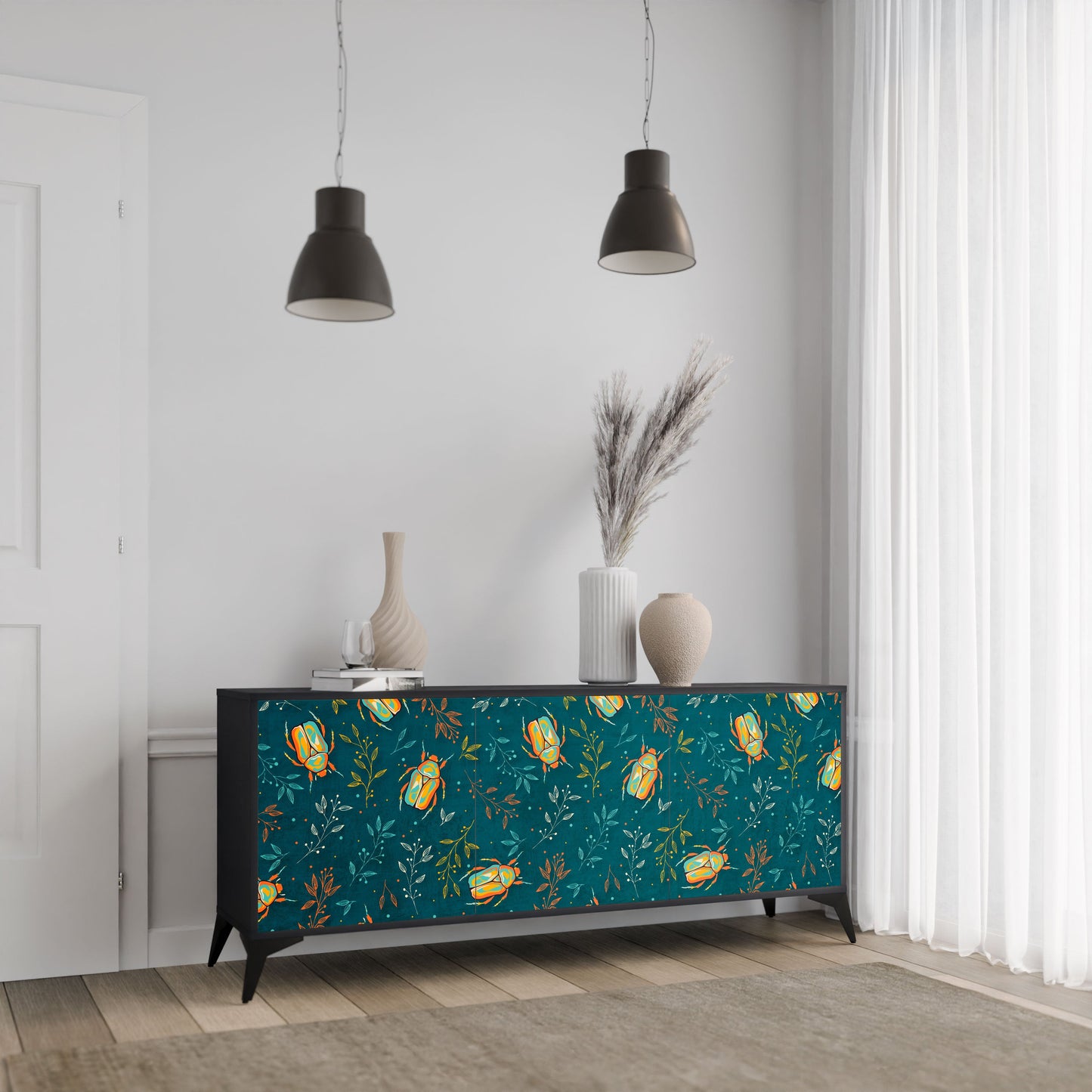 AUTUMN INSECTS 3-Door Sideboard in Black Finish