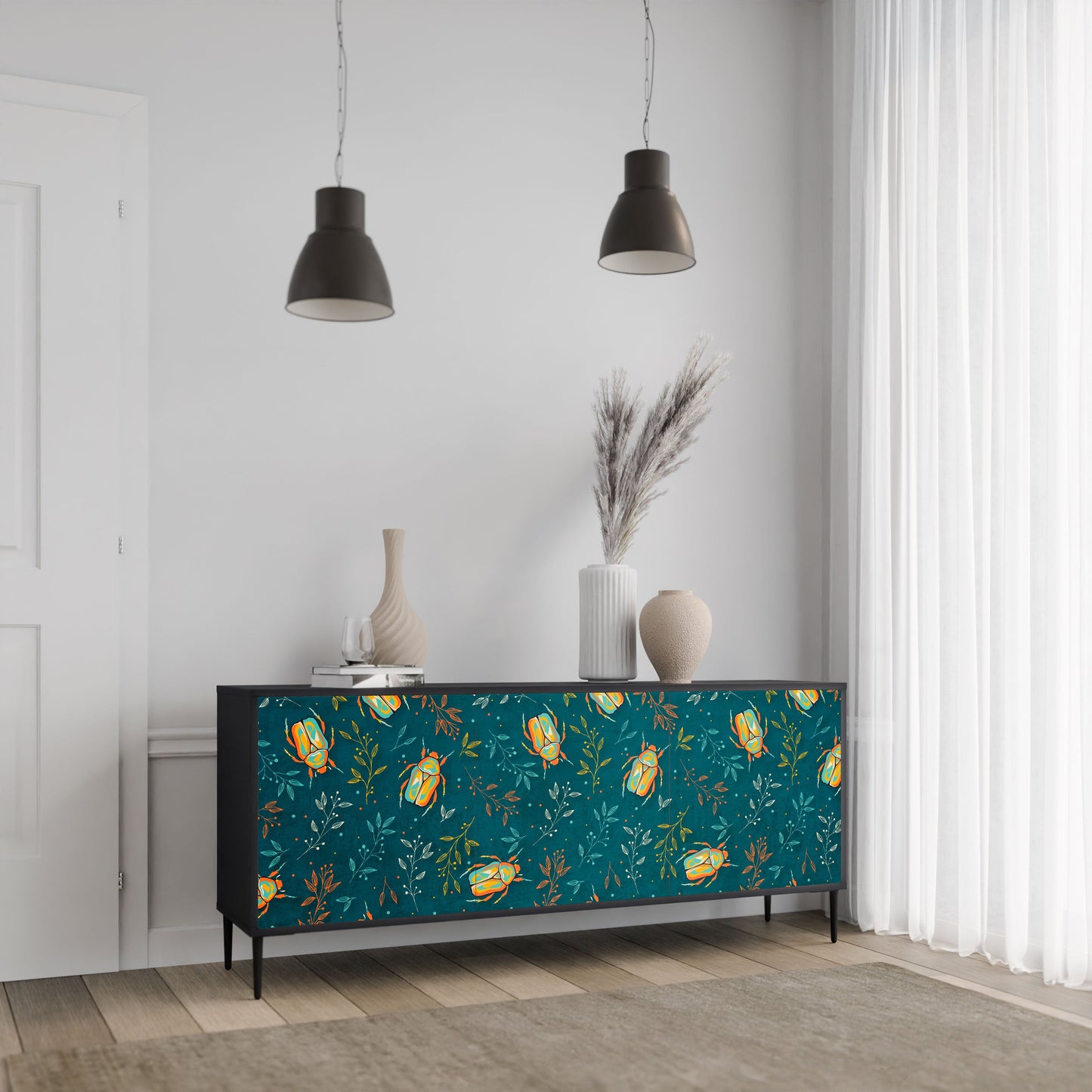 AUTUMN INSECTS 3-Door Sideboard in Black Finish