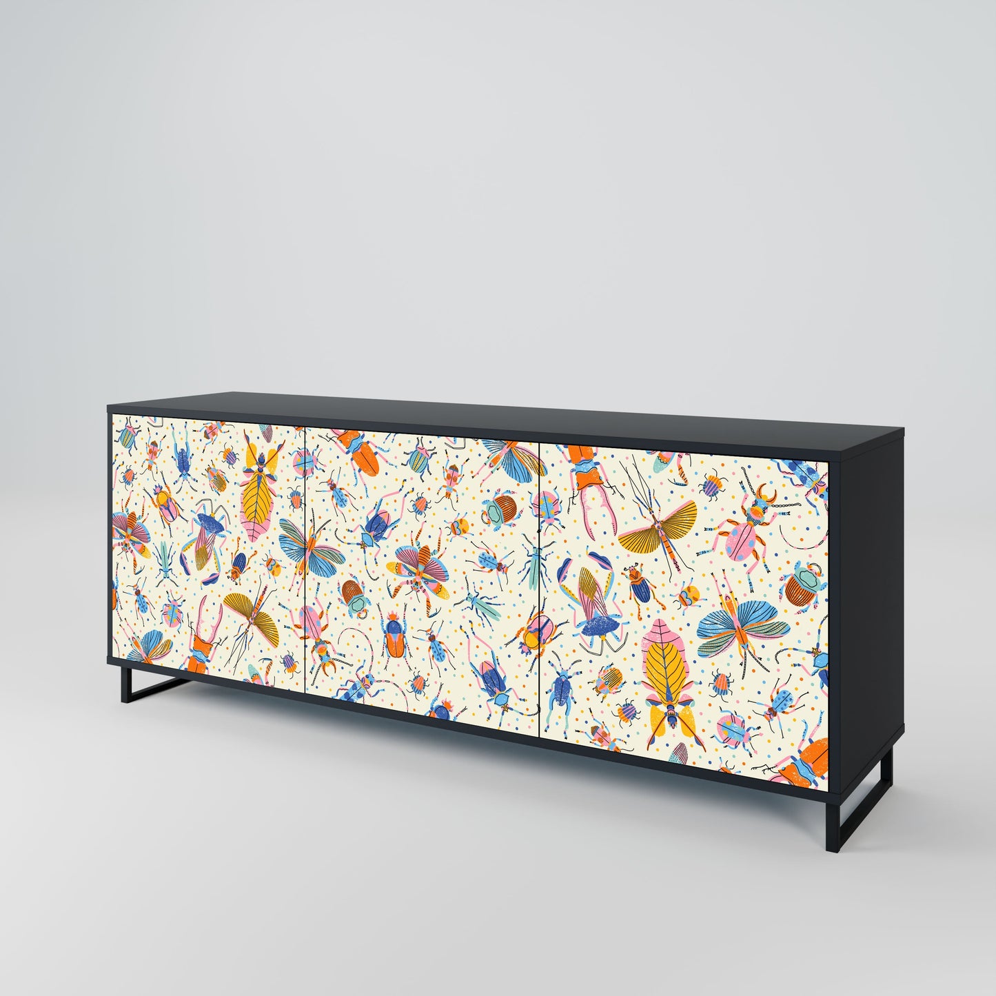 COLORFUL INSECTS 3-Door Sideboard in Black Finish