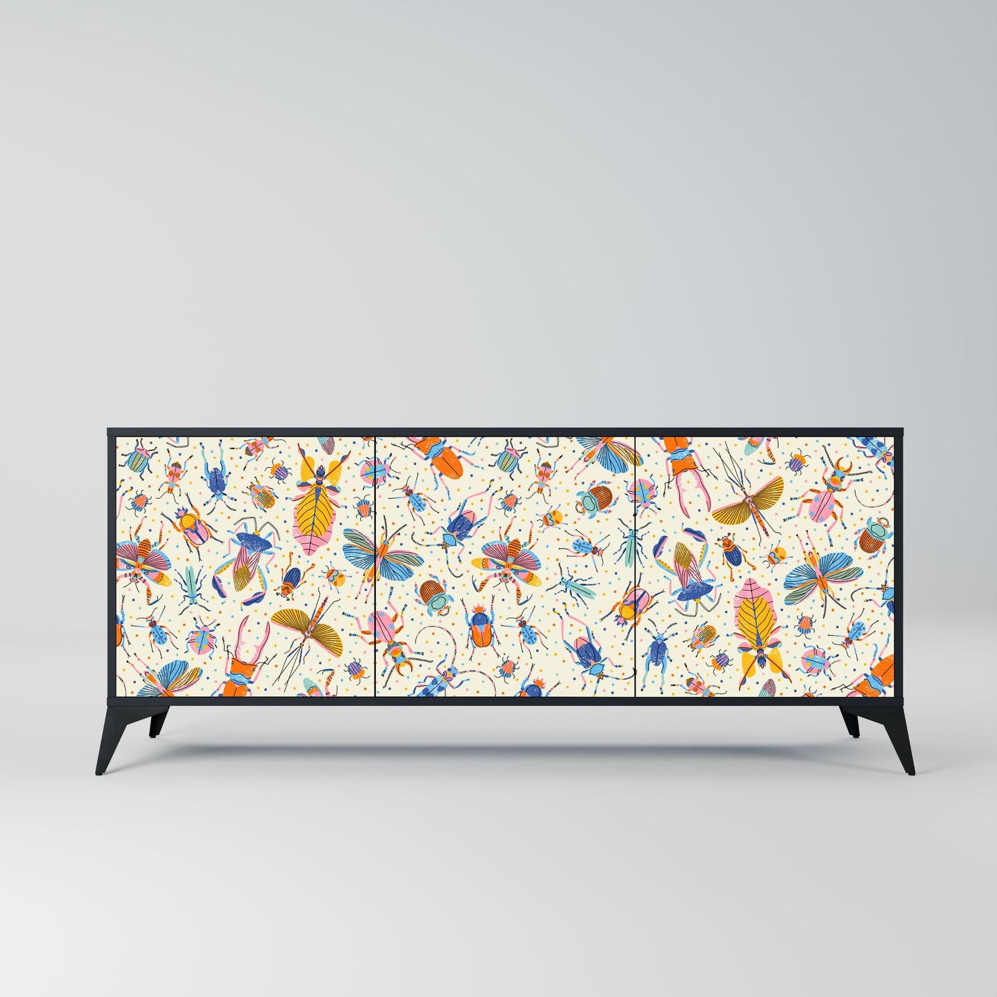 COLORFUL INSECTS 3-Door Sideboard in Black Finish