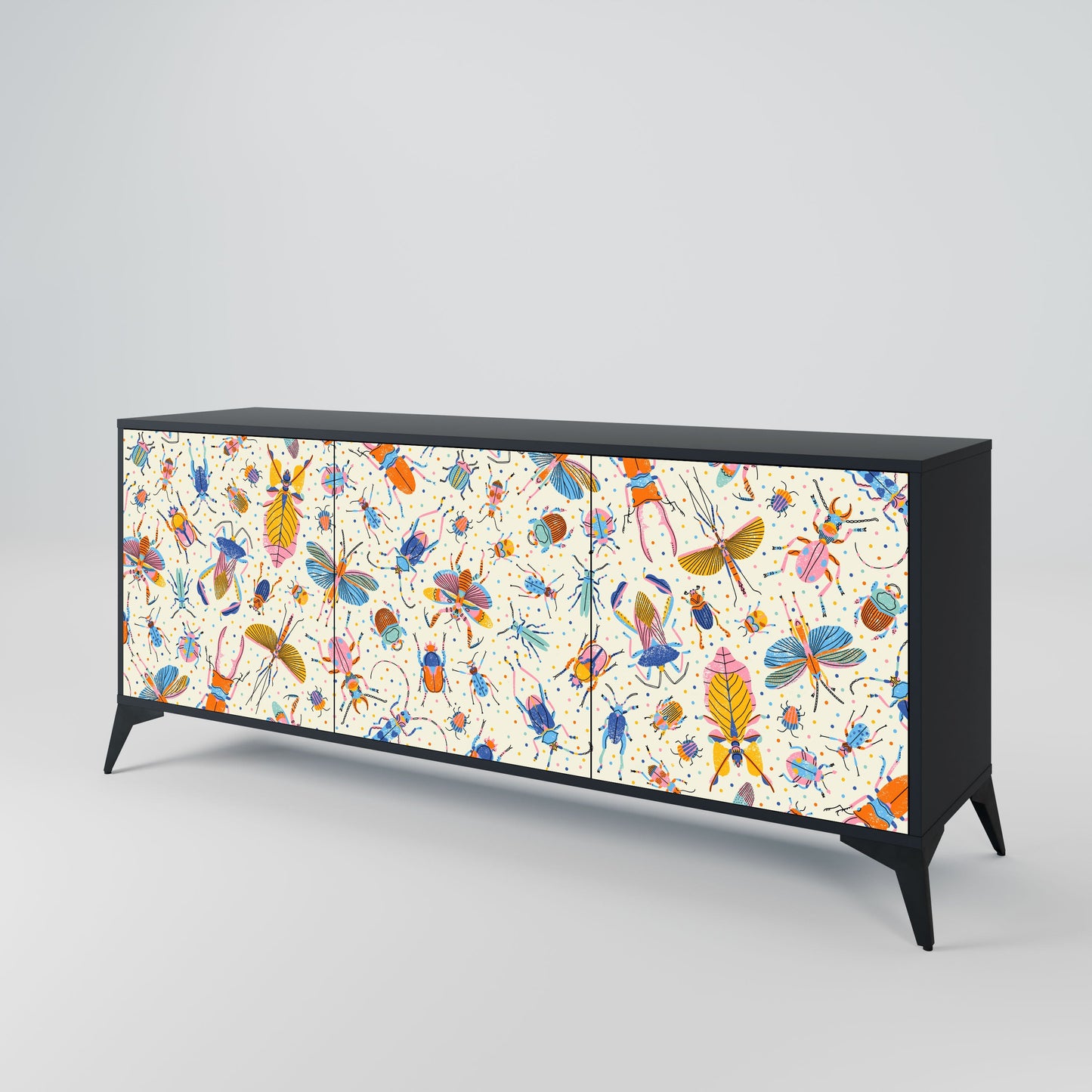 COLORFUL INSECTS 3-Door Sideboard in Black Finish