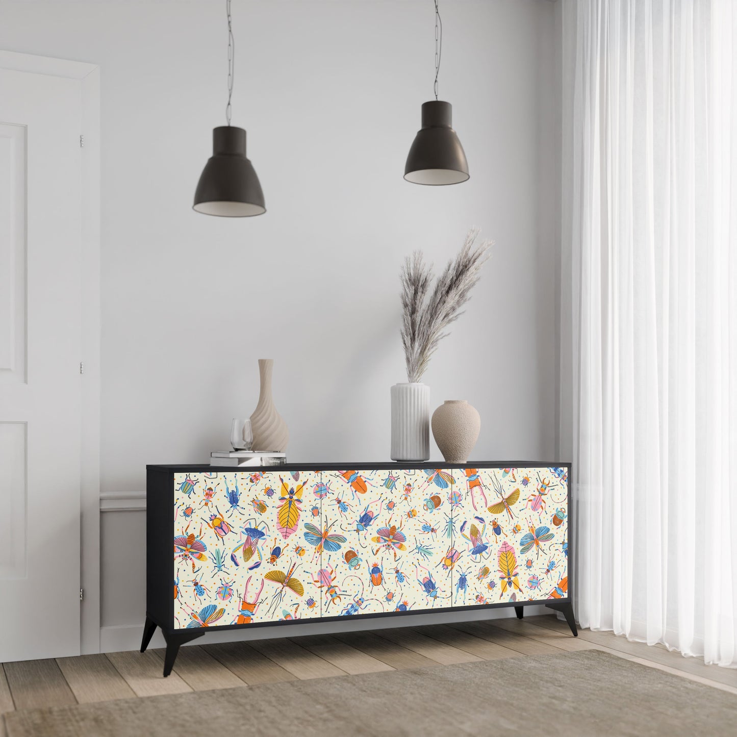 COLORFUL INSECTS 3-Door Sideboard in Black Finish