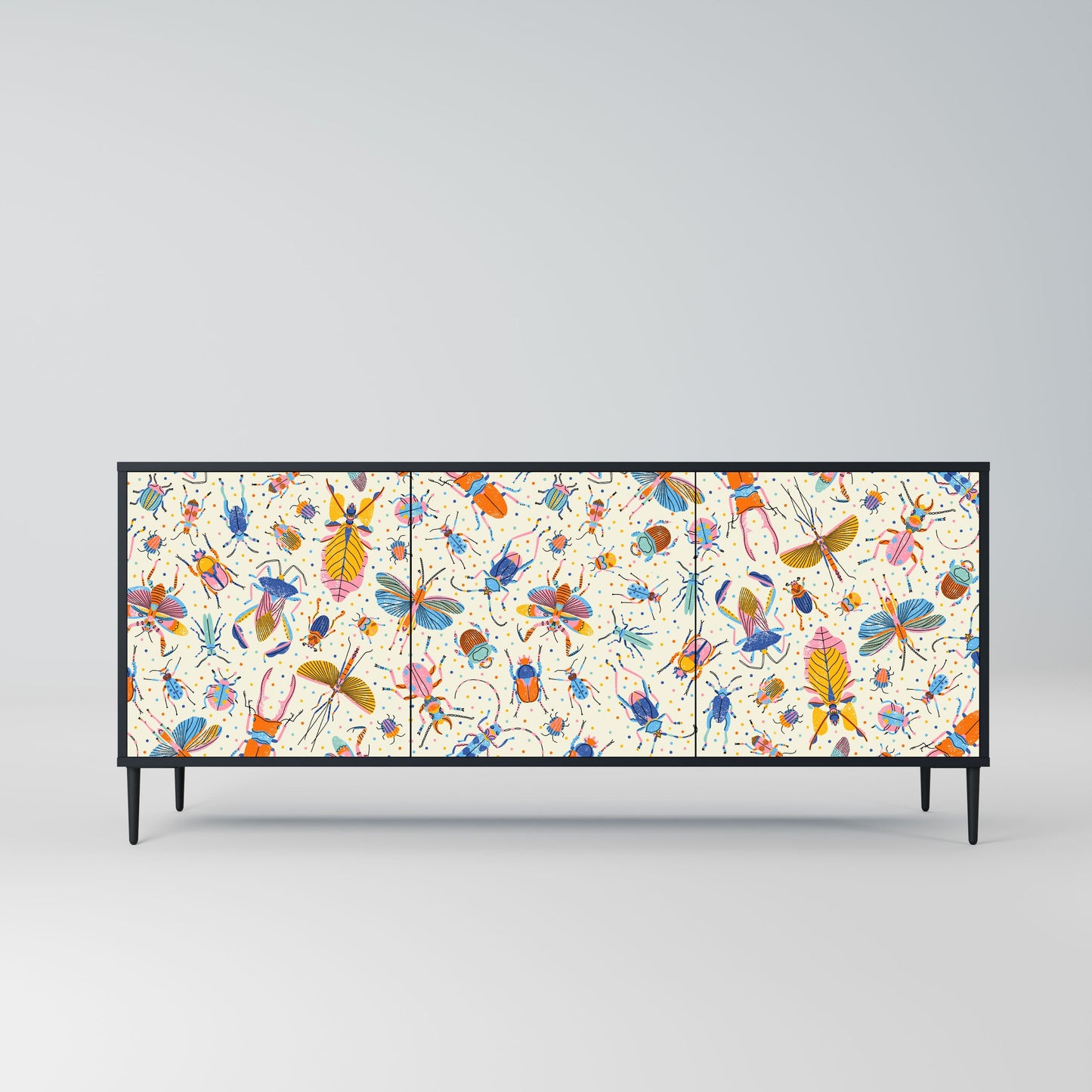 COLORFUL INSECTS 3-Door Sideboard in Black Finish