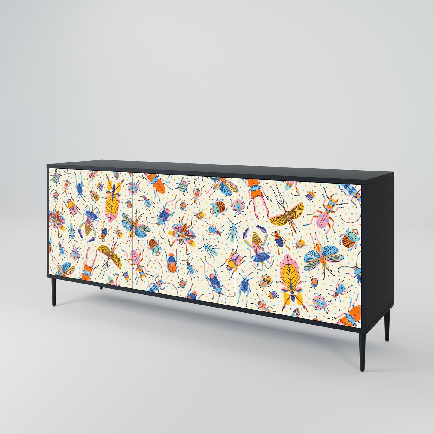 COLORFUL INSECTS 3-Door Sideboard in Black Finish