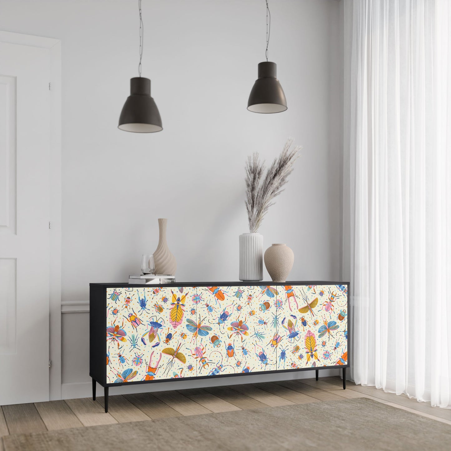 COLORFUL INSECTS 3-Door Sideboard in Black Finish