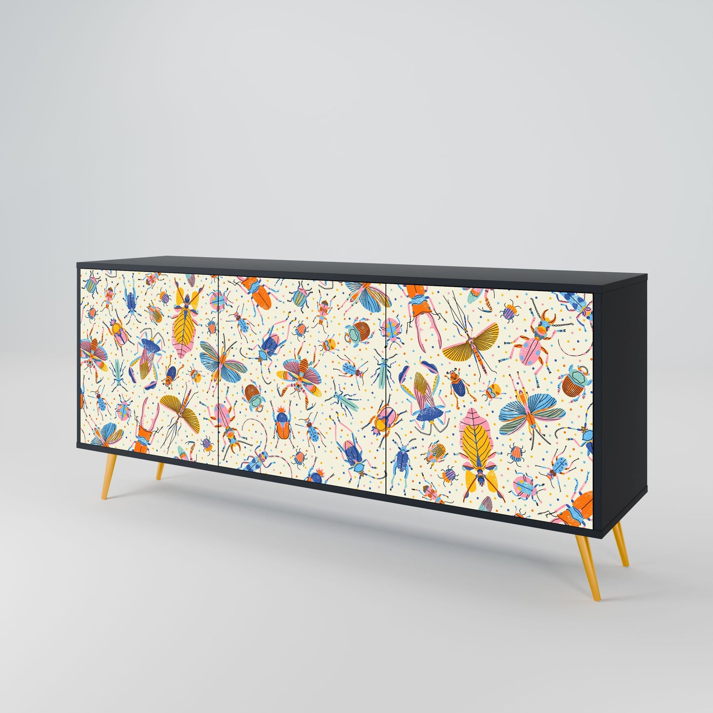 COLORFUL INSECTS 3-Door Sideboard in Black Finish