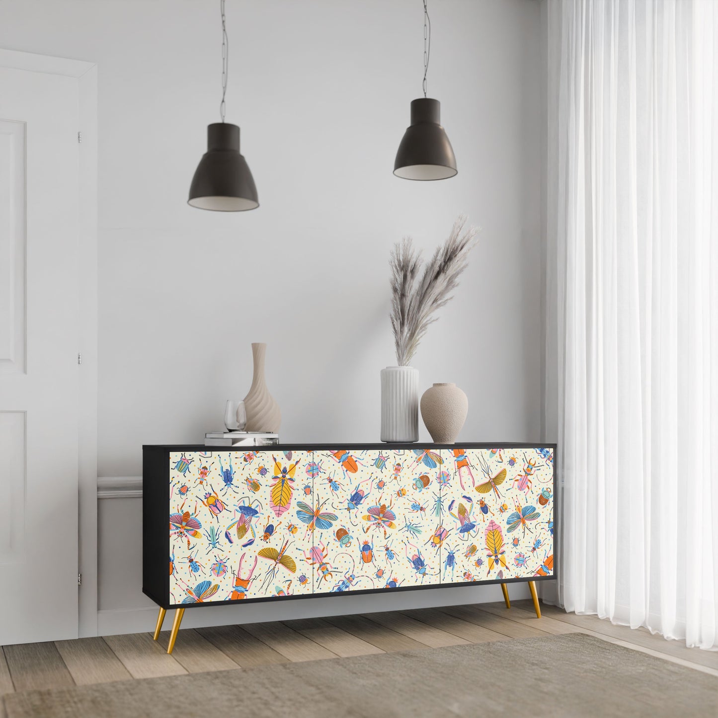 COLORFUL INSECTS 3-Door Sideboard in Black Finish