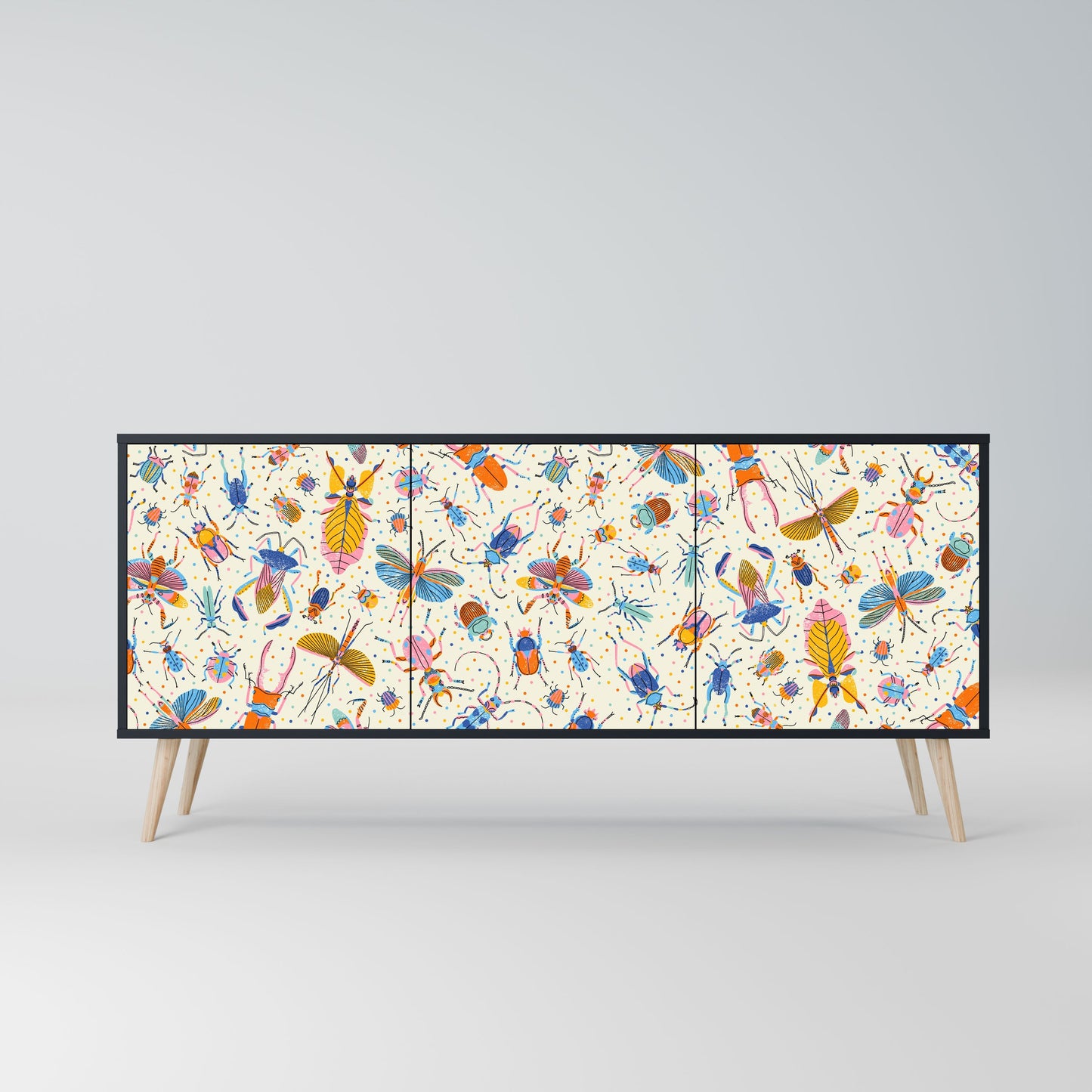 COLORFUL INSECTS 3-Door Sideboard in Black Finish