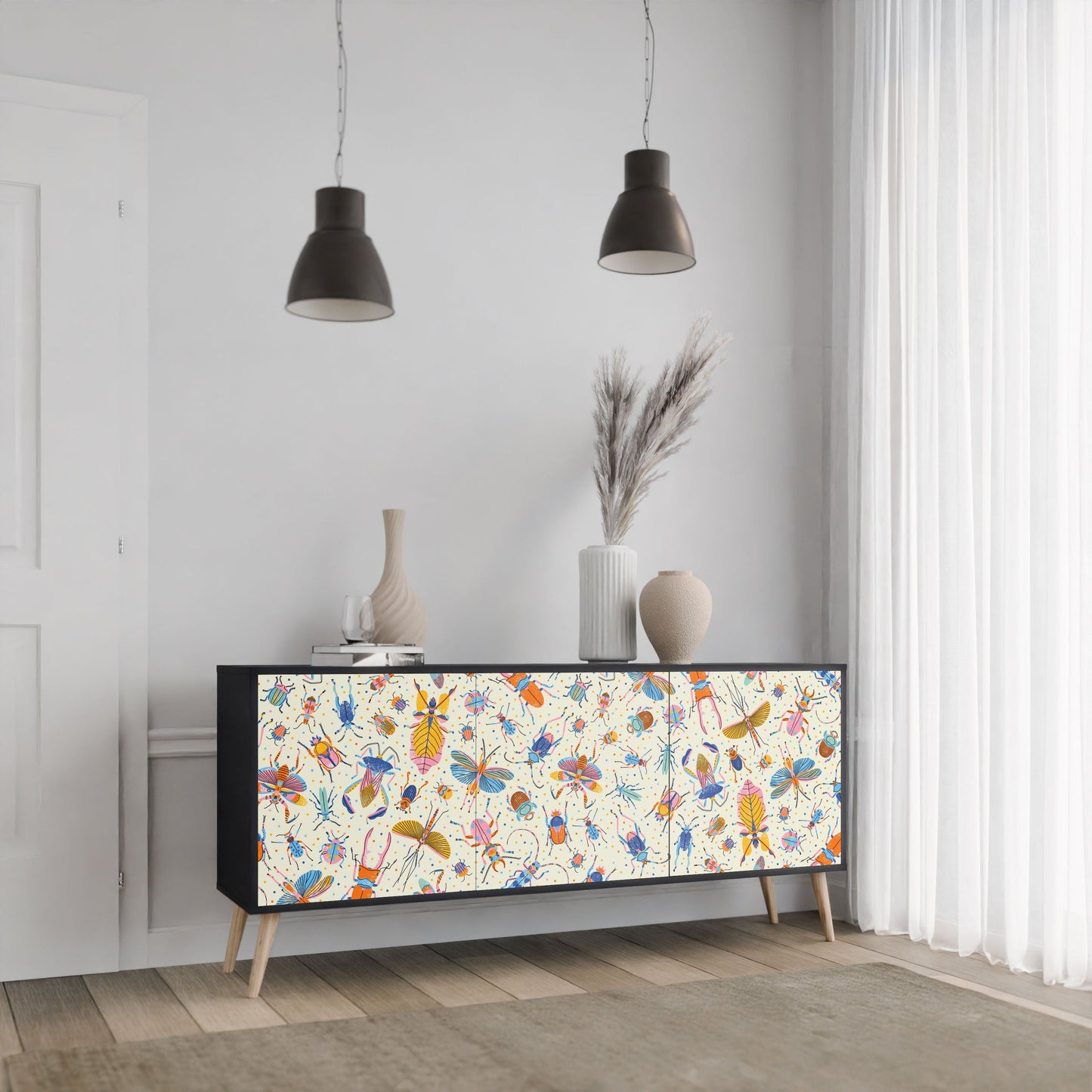 COLORFUL INSECTS 3-Door Sideboard in Black Finish
