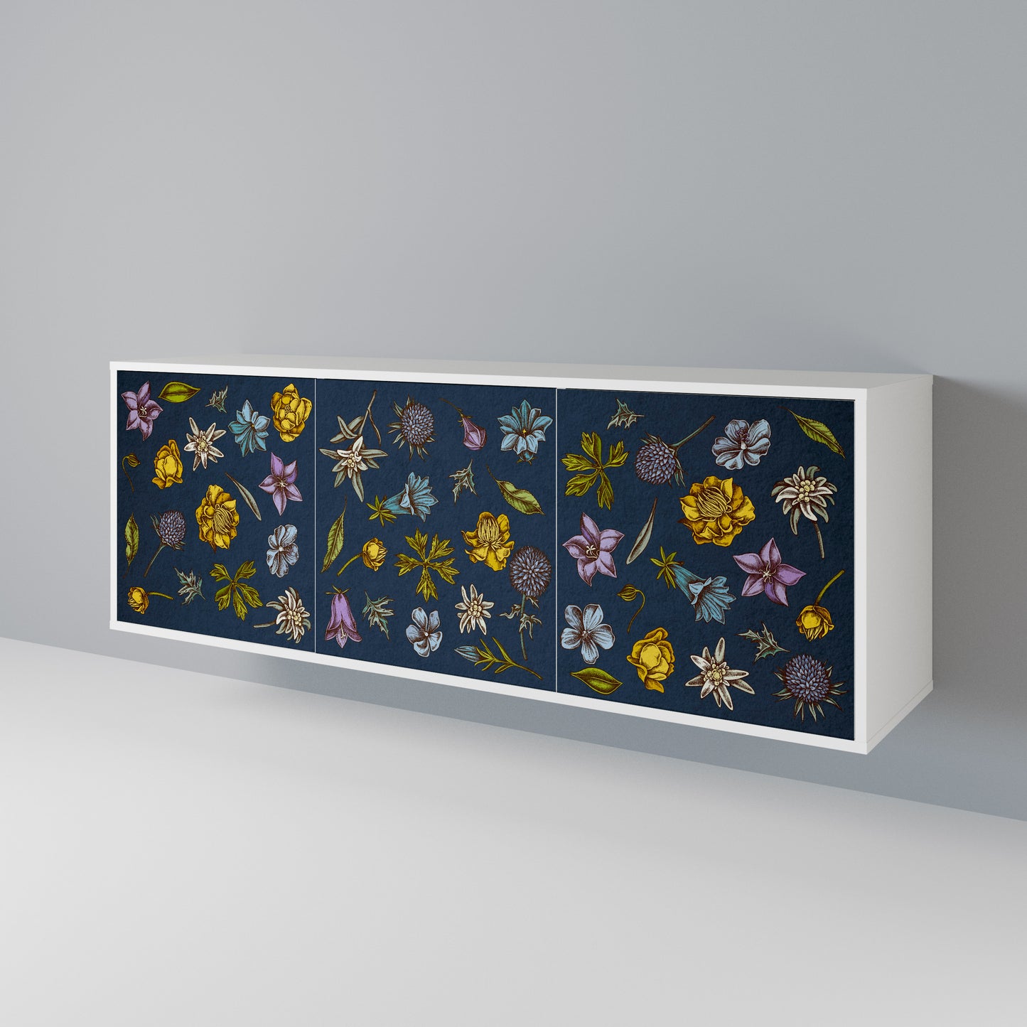 FLOWERS ON NAVY BLUE Madia a 3 Ante in Finitura Bianca