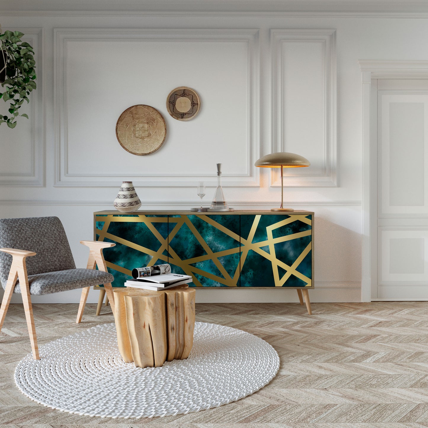 Credenza a 3 ante THE LABYRINTH OF GOLD in effetto rovere
