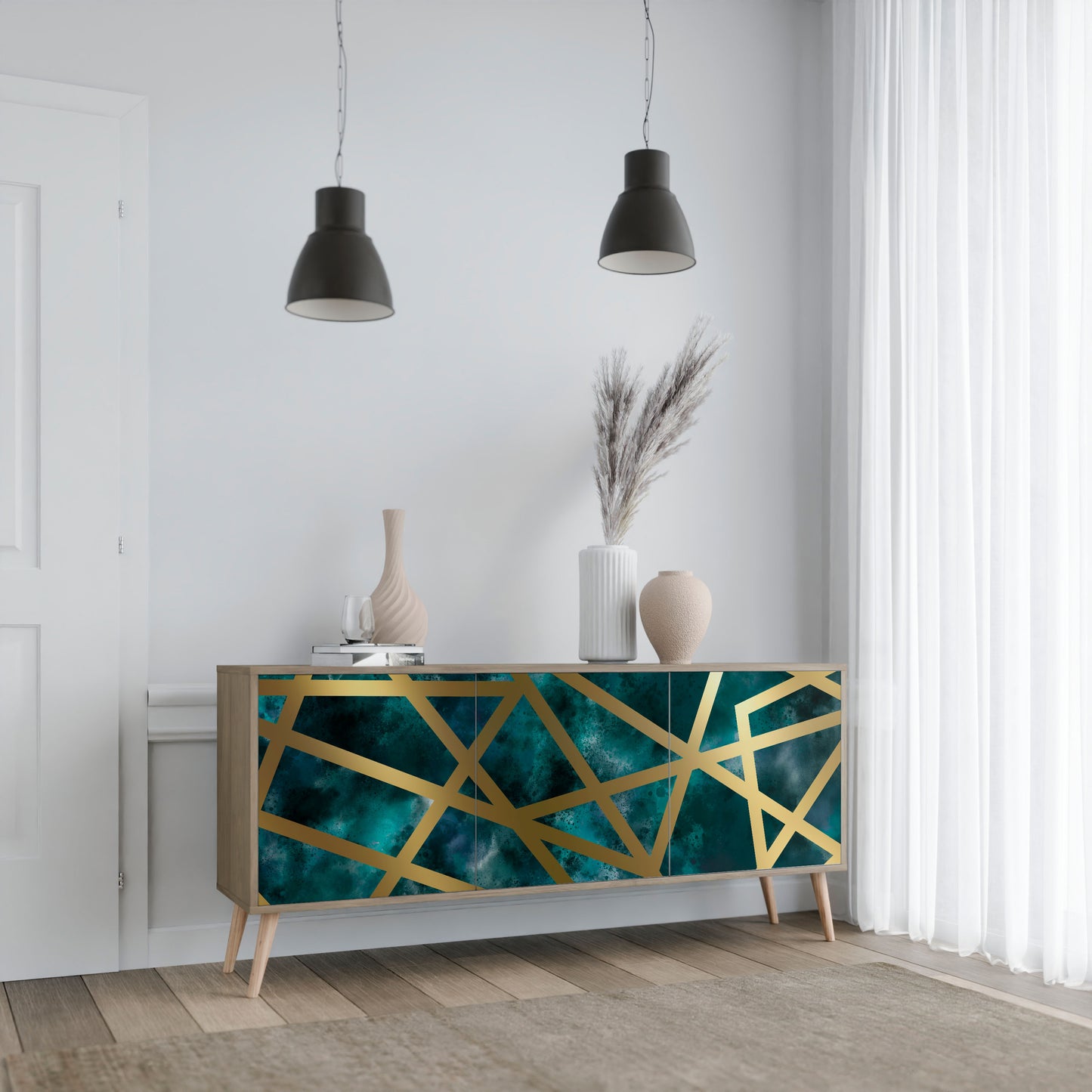 Credenza a 3 ante THE LABYRINTH OF GOLD in effetto rovere