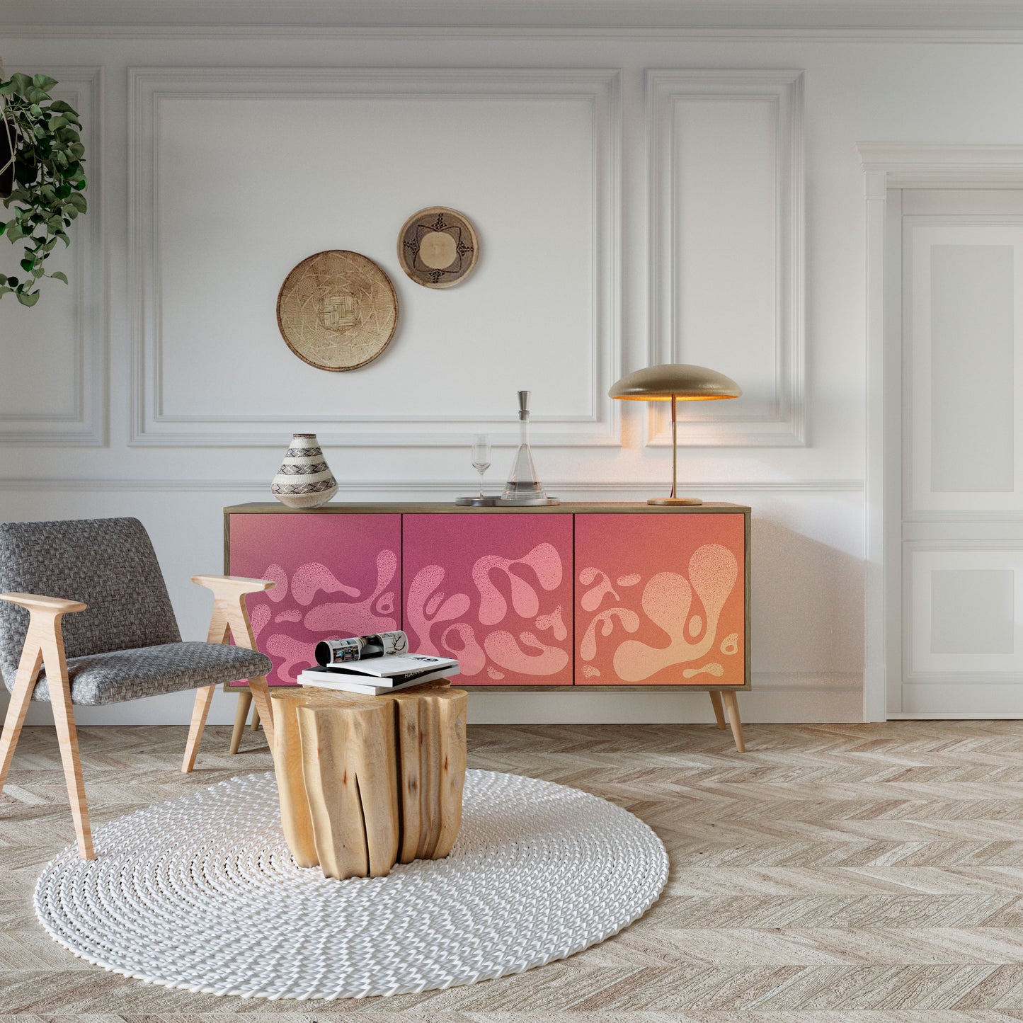 Credenza a 3 ante IRREGULAR PINK in effetto rovere