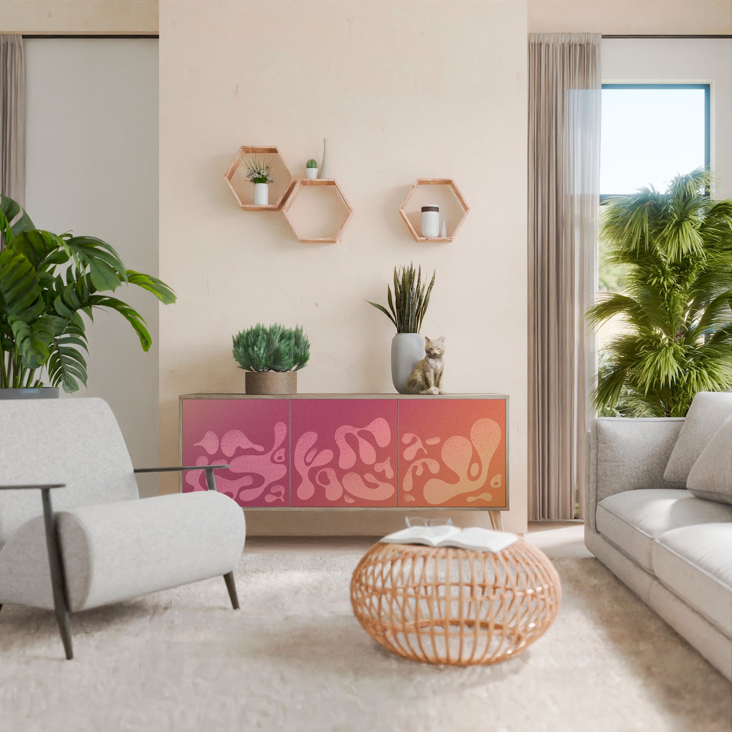 Credenza a 3 ante IRREGULAR PINK in effetto rovere