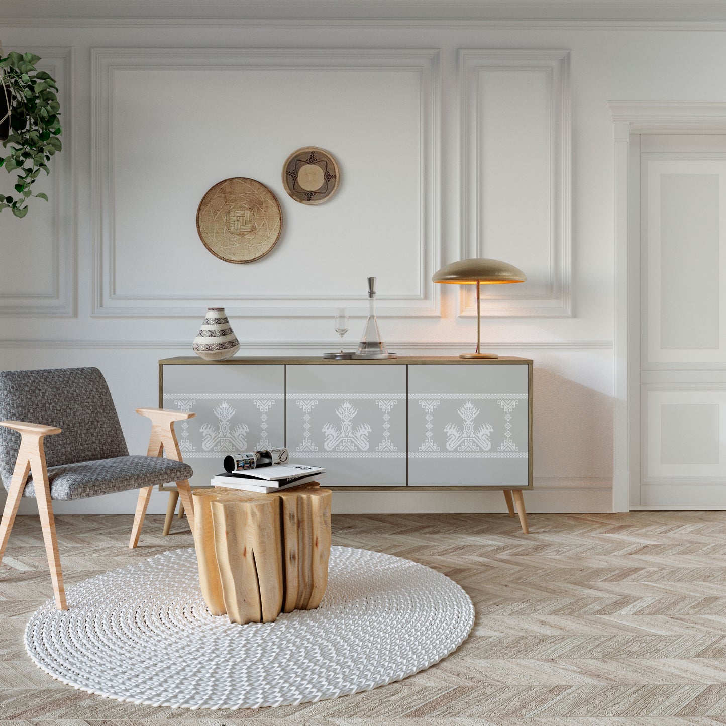 THAI GRAY 3-Door Sideboard in Oak Effect