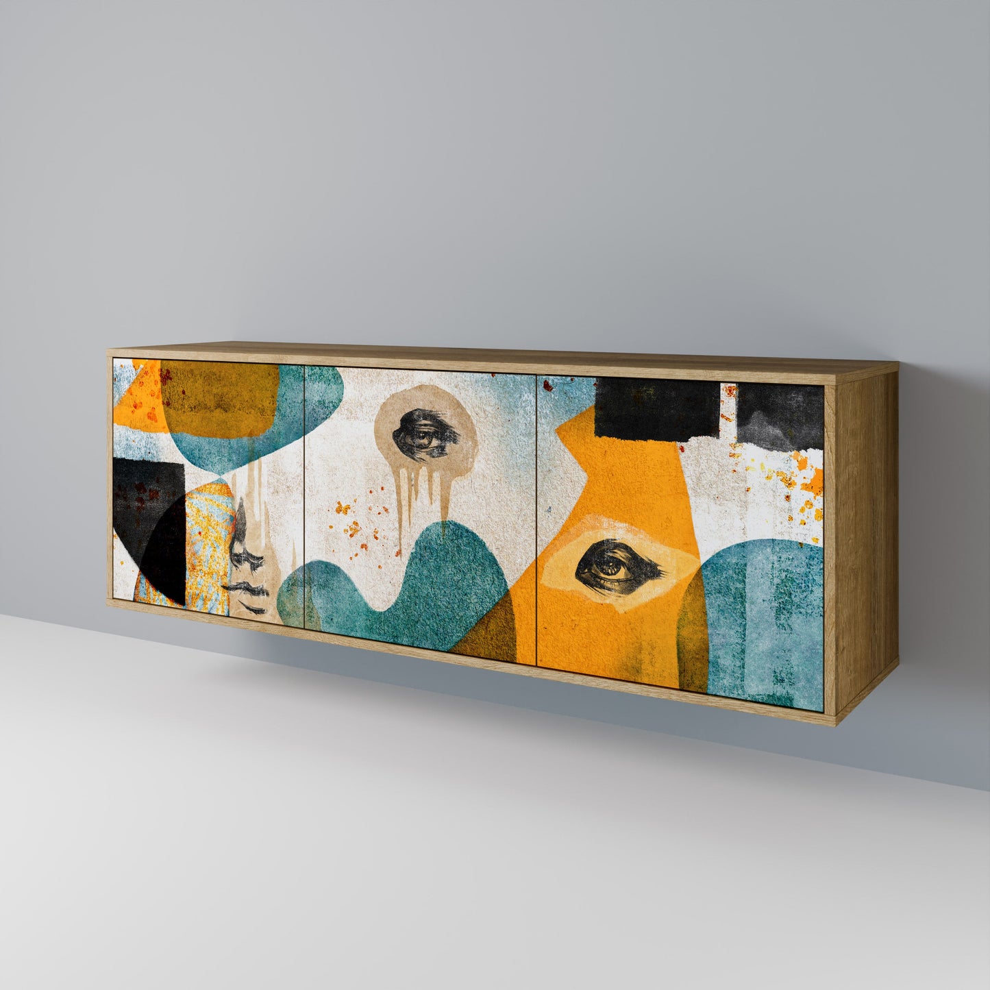 ABSTRACT FACES 3-Door Sideboard in Oak Effect