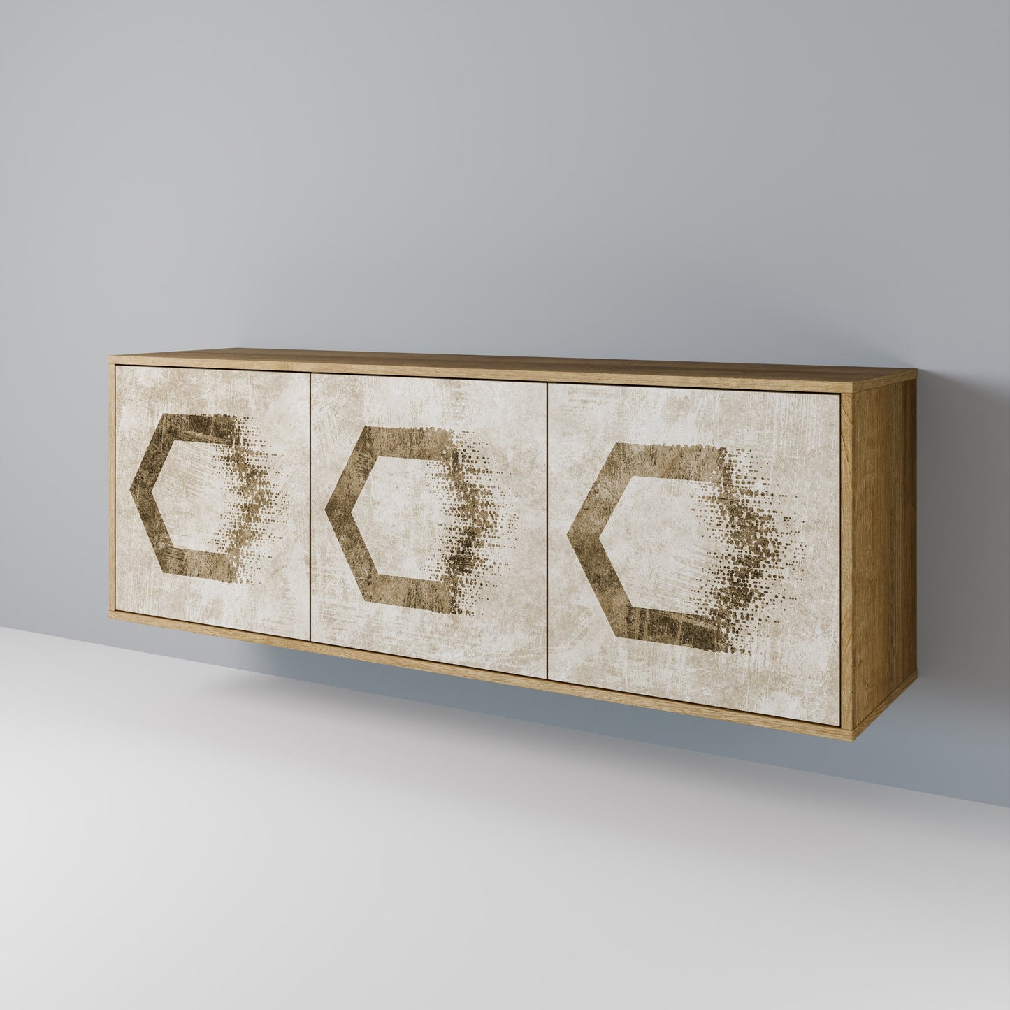 Credenza a 3 ante HEXAGONAL SHAPES in effetto rovere